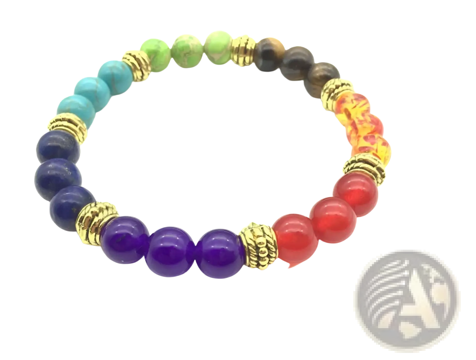 Natural stone chakra energy turquoise beaded bracelet with colorful polished stones and gold-toned spacers