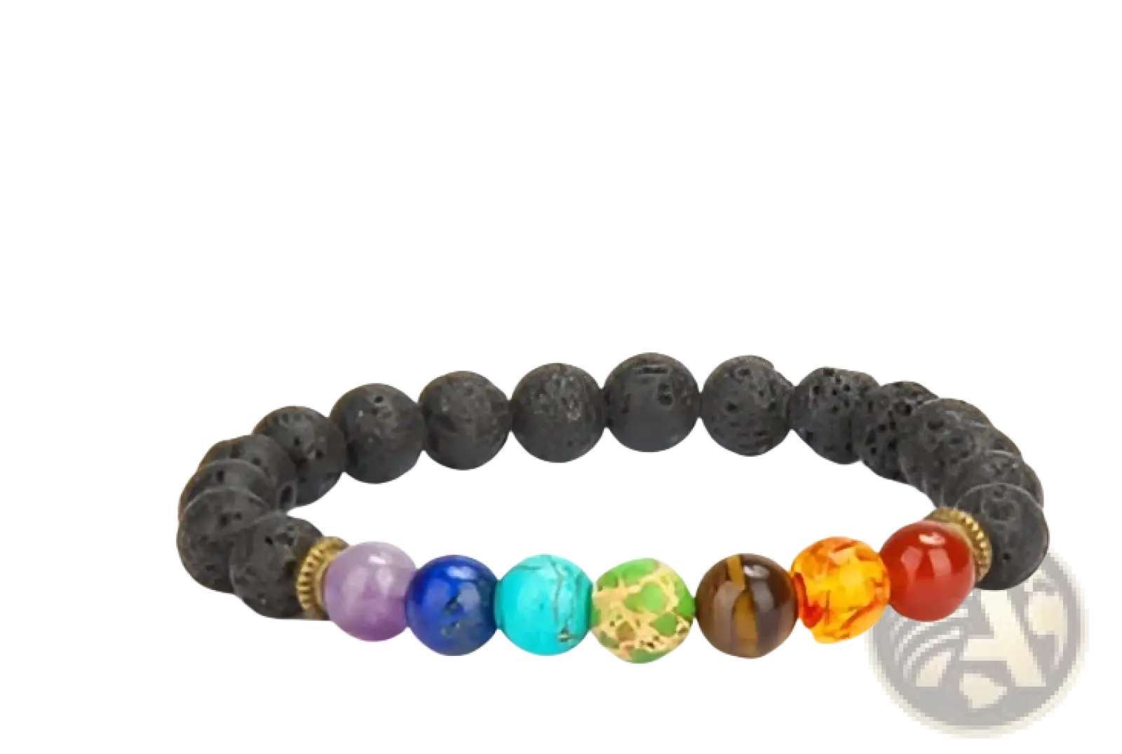 A black lava stone bracelet featuring seven colorful polished gemstone beads for natural chakra energy balance