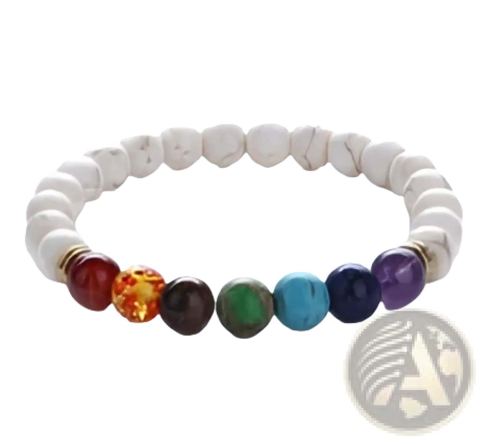 Natural stone chakra energy turquoise beaded bracelet with white beads and seven polished rainbow gemstone beads
