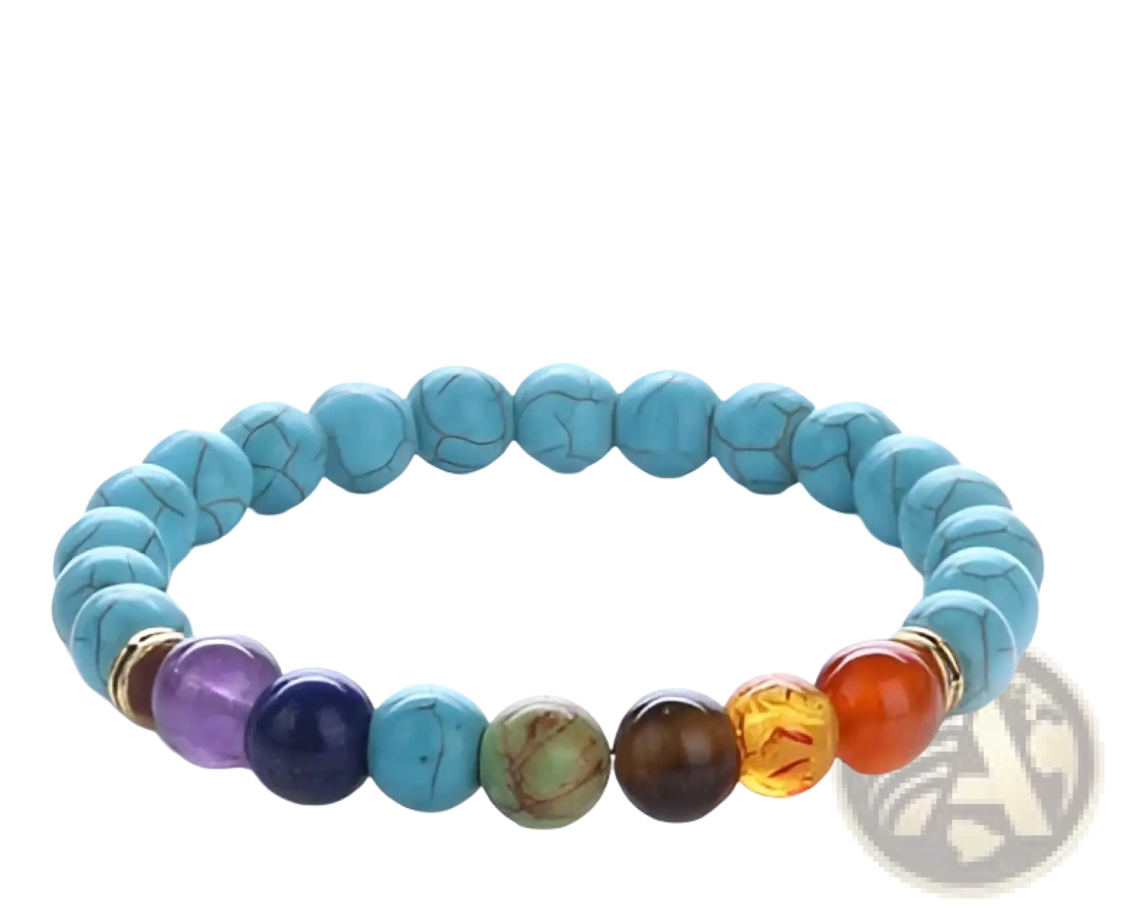 Natural stone chakra energy turquoise beaded bracelet featuring a multi-colored gemstone design with a stretchy band