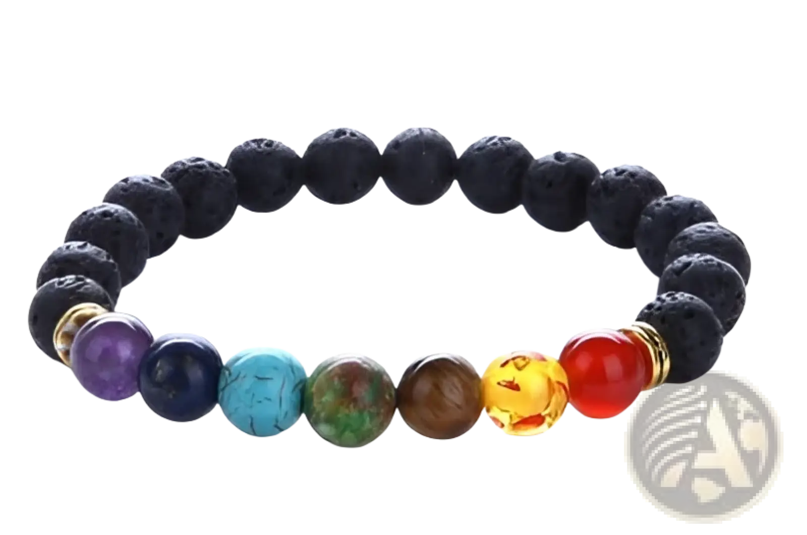 Natural stone chakra energy turquoise beaded bracelet with black lava stone and seven colorful polished gemstones
