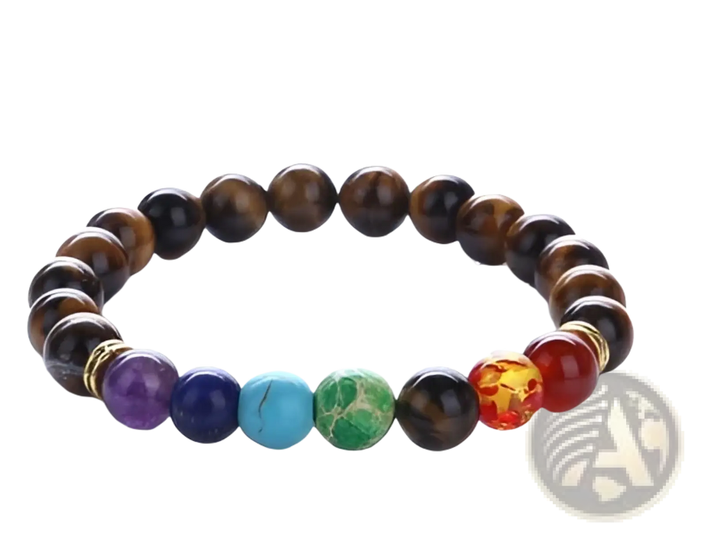 A natural stone chakra energy turquoise beaded bracelet featuring seven distinct colored stones with unique patterns