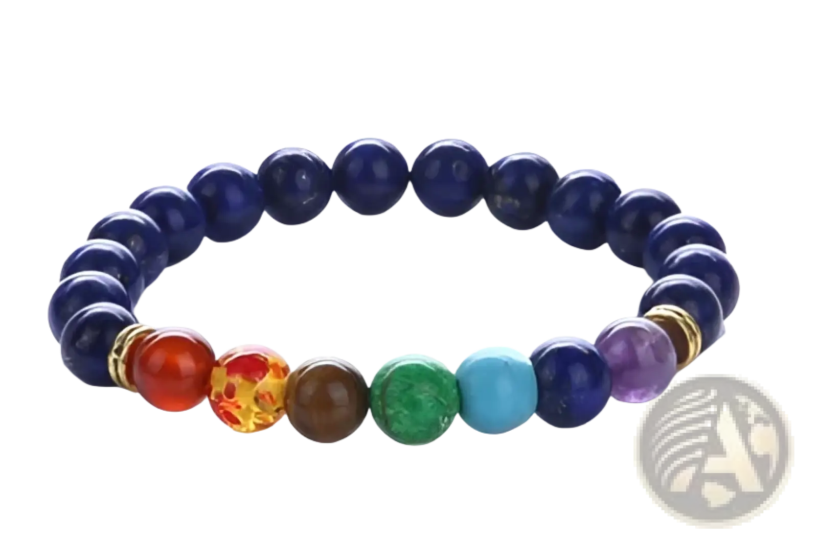 A stretchy natural stone chakra energy bracelet with seven colorful polished gemstone beads including turquoise