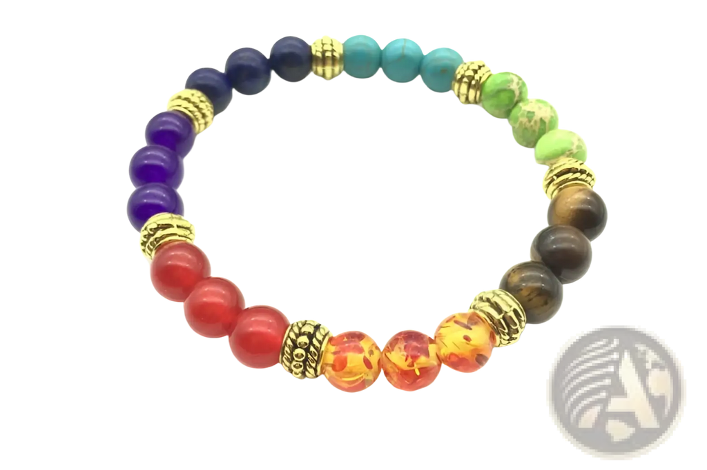 Natural stone chakra energy turquoise beaded bracelet with smooth round purple, turquoise, green, red, amber stones and gold spacers