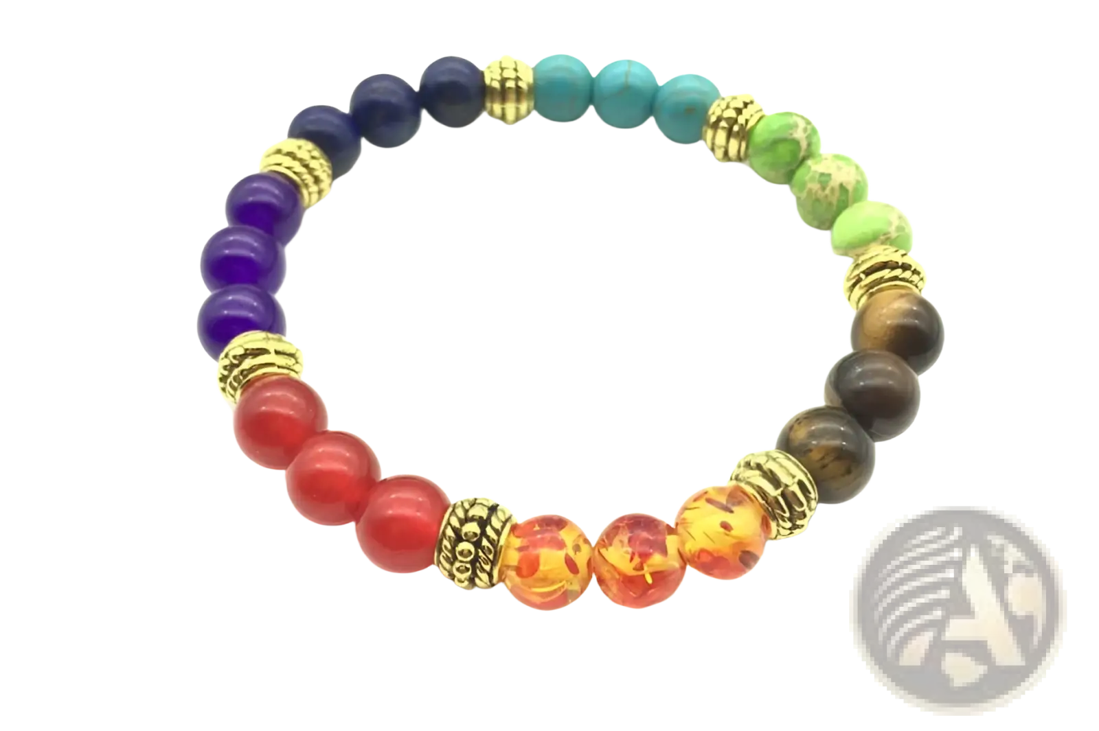 Natural stone chakra energy turquoise beaded bracelet with smooth round purple, turquoise, green, red, amber stones and gold spacers