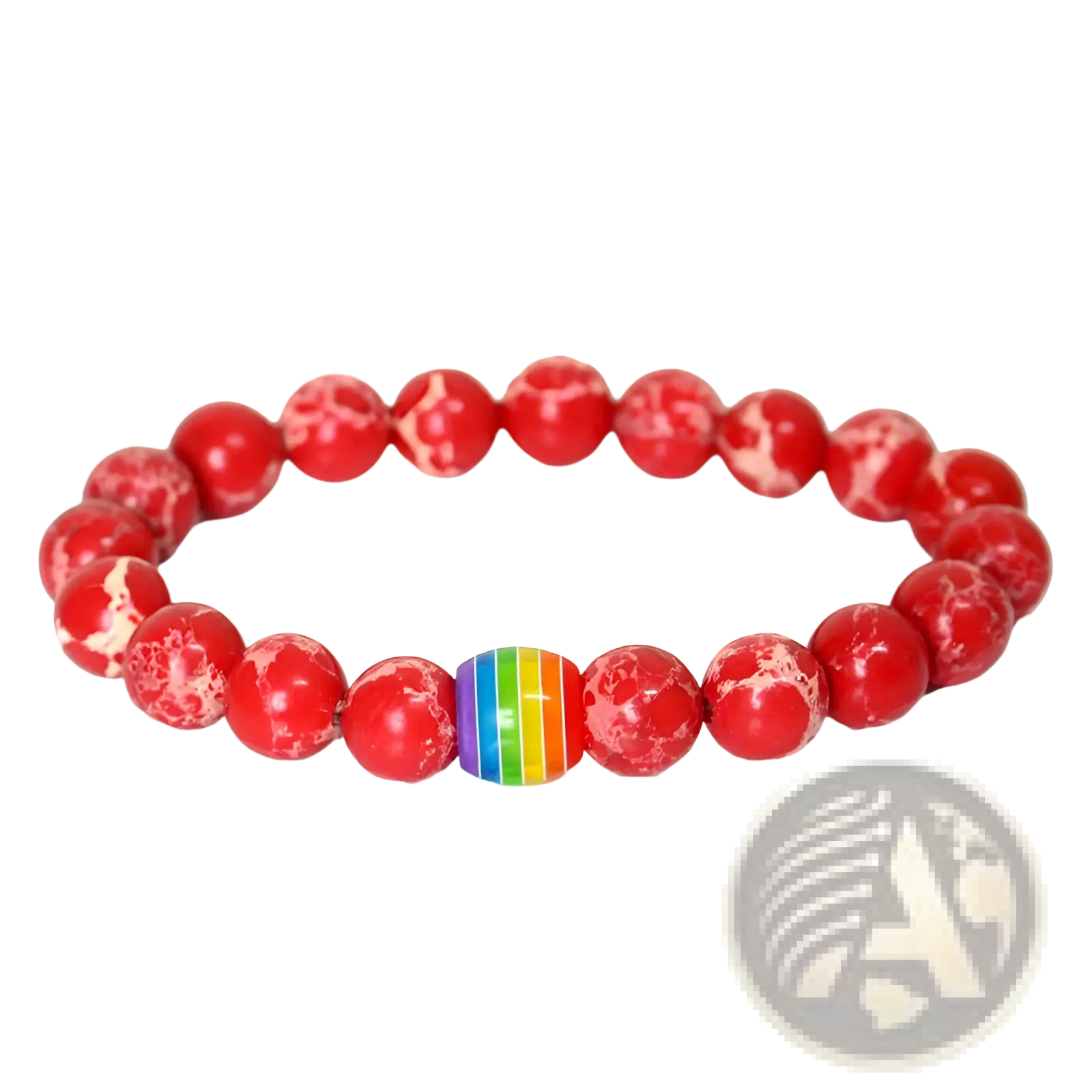 Red marbled natural stone bead bracelet with a central rainbow pride accent bead for inclusive fashion use