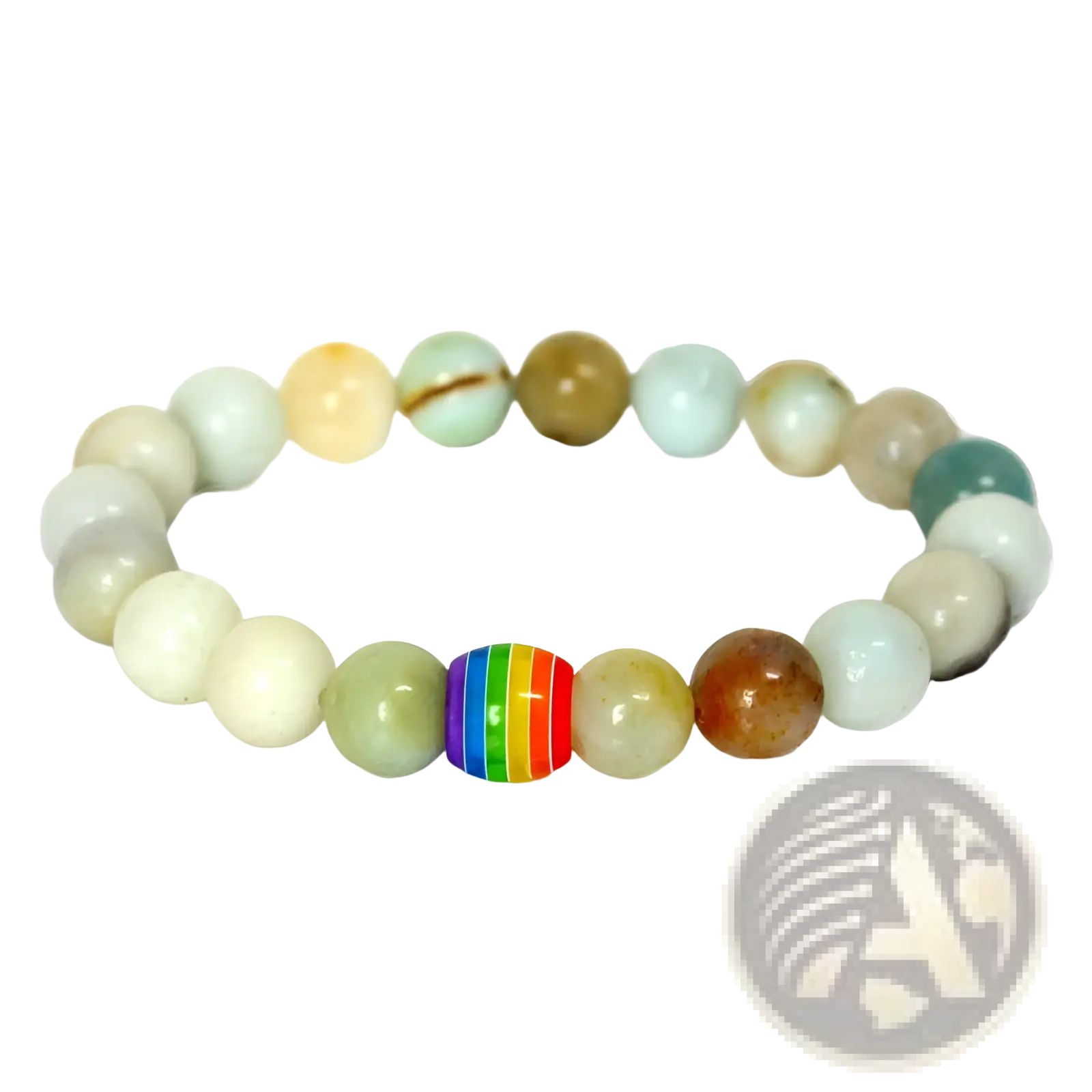 A natural stone rainbow pride accent bead bracelet featuring a colorful striped bead among earth-toned gemstones