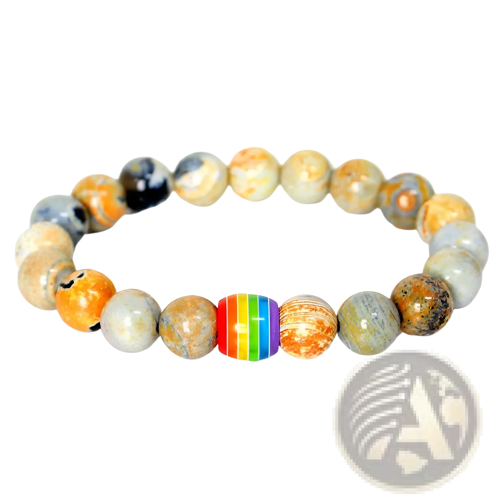 Natural stone rainbow pride accent bead bracelet featuring a colorful rainbow-striped bead among earthy stone beads