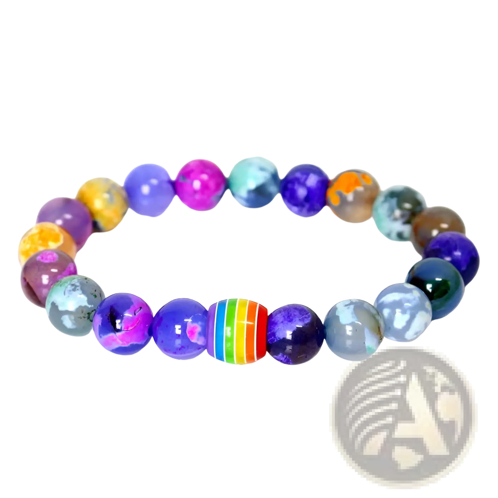 Natural stone rainbow pride accent bead bracelet with a central rainbow bead and glossy multicolored gemstone spheres