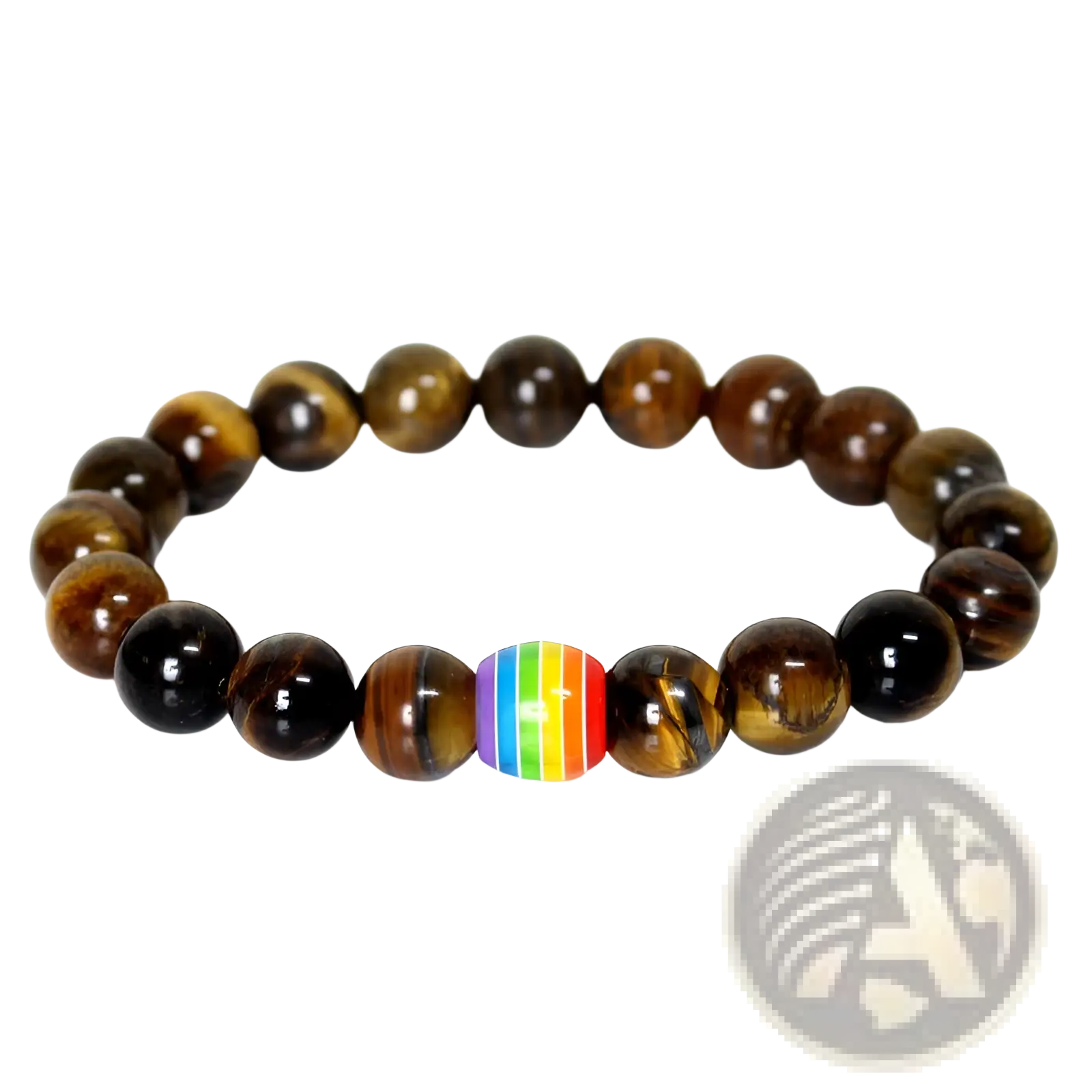 Natural stone bracelet featuring round tiger eye beads with a single rainbow pride accent bead