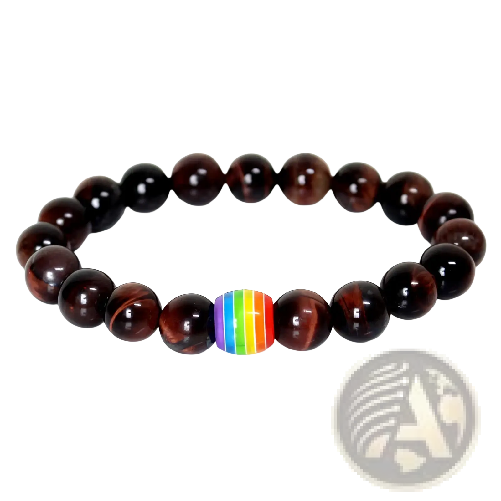 Natural stone bracelet featuring dark brown tiger eye beads with a single rainbow pride accent bead