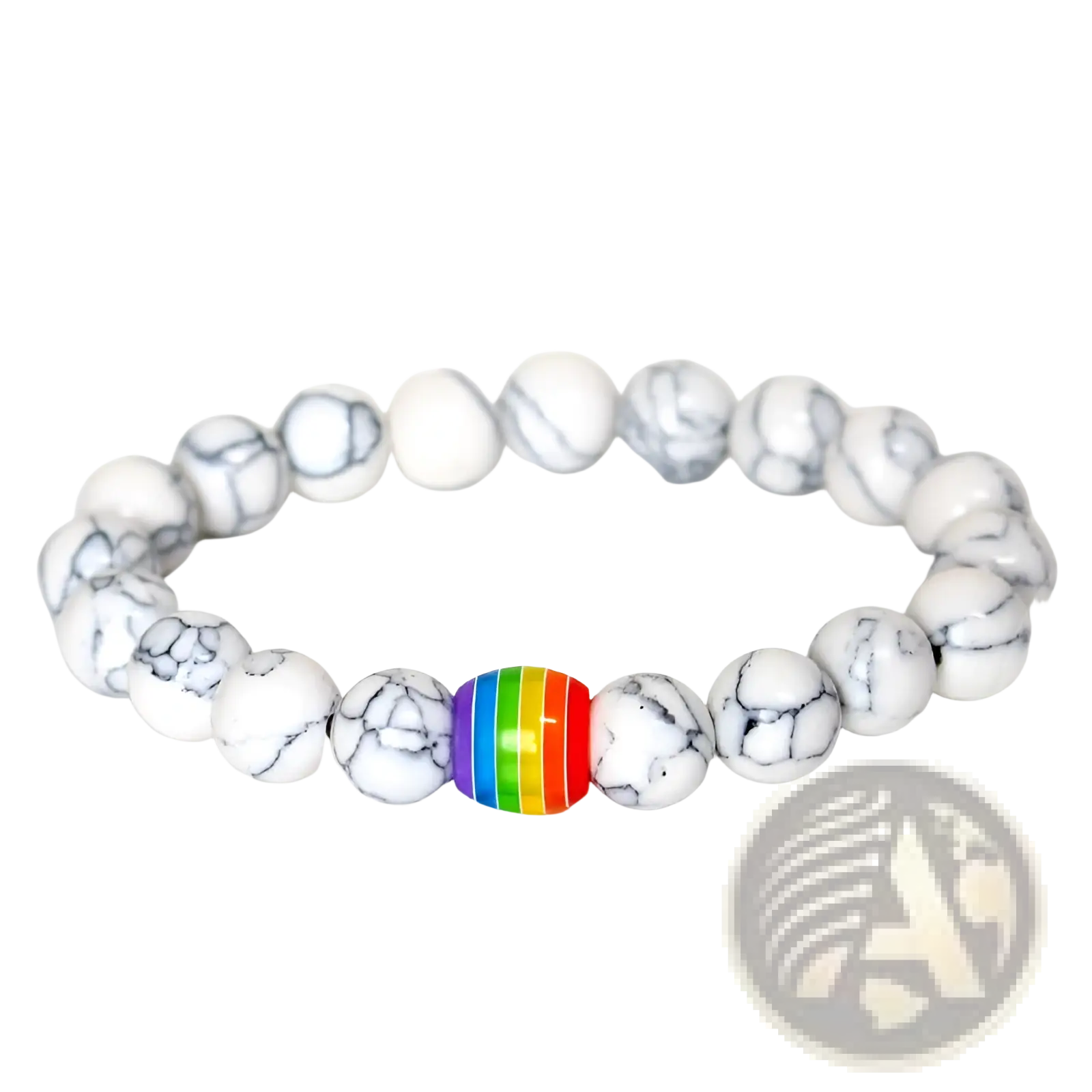 Natural stone rainbow pride accent bead bracelet with white and gray marbled stones and a single rainbow-colored bead centerpiece