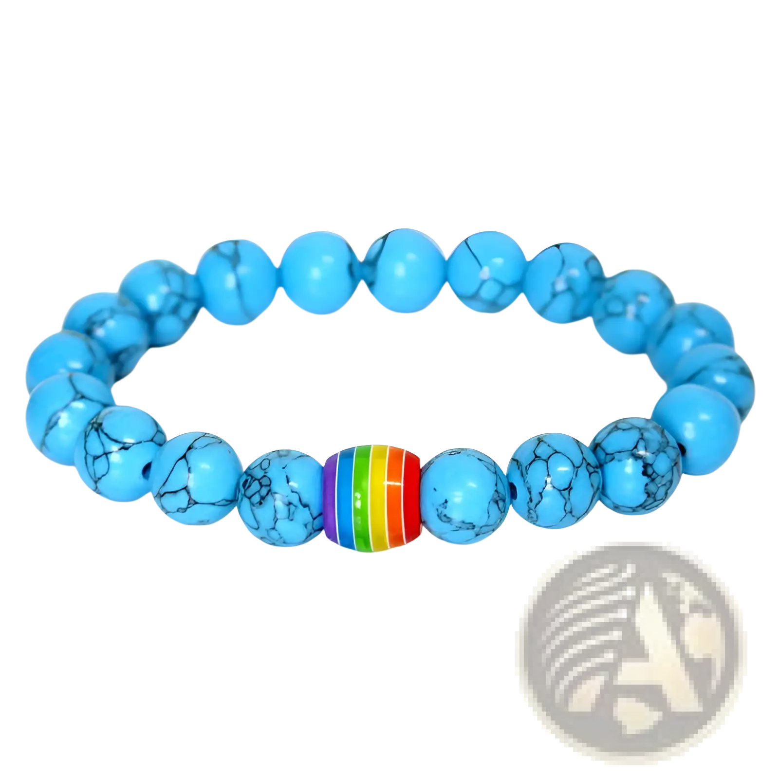 A natural stone turquoise beaded bracelet featuring a central rainbow pride striped accent bead