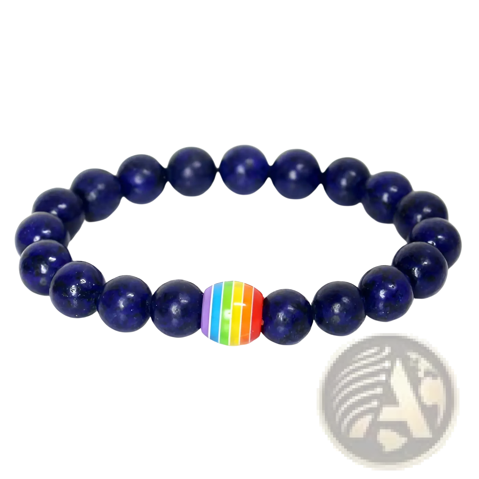 Natural stone rainbow pride accent bead bracelet featuring a vibrant rainbow bead with deep blue lapis lazuli beads