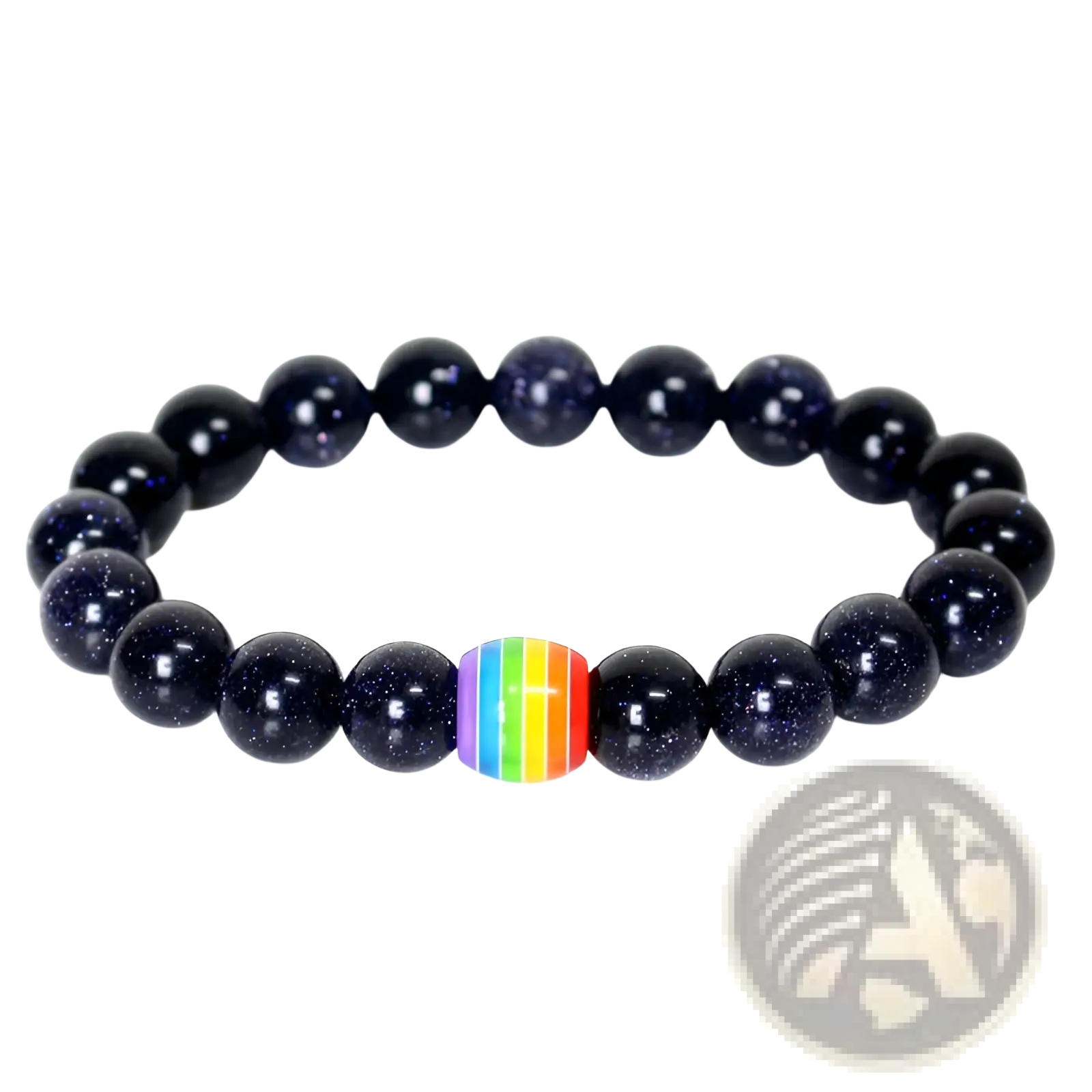 A natural stone stretchy bracelet with dark blue glittering beads and a single rainbow pride accent bead