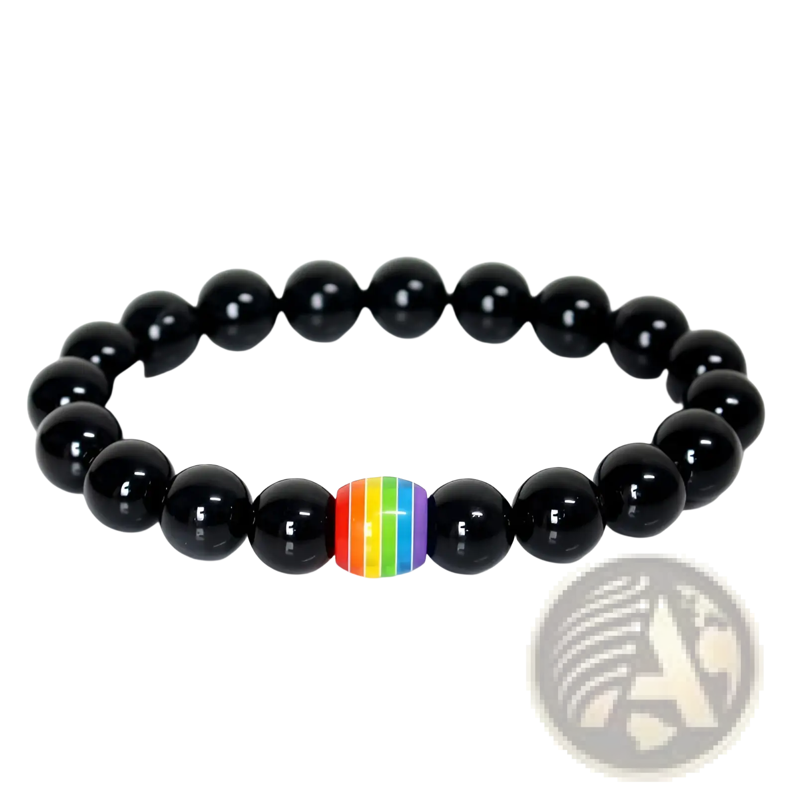 Black beaded natural stone bracelet featuring a single rainbow pride accent bead for stylish everyday wear