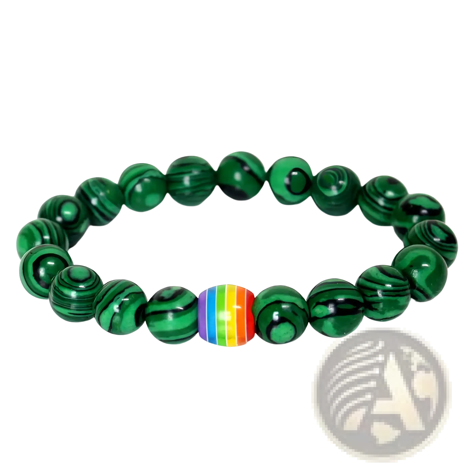 A vibrant green natural stone malachite bead bracelet with a single rainbow pride accent bead