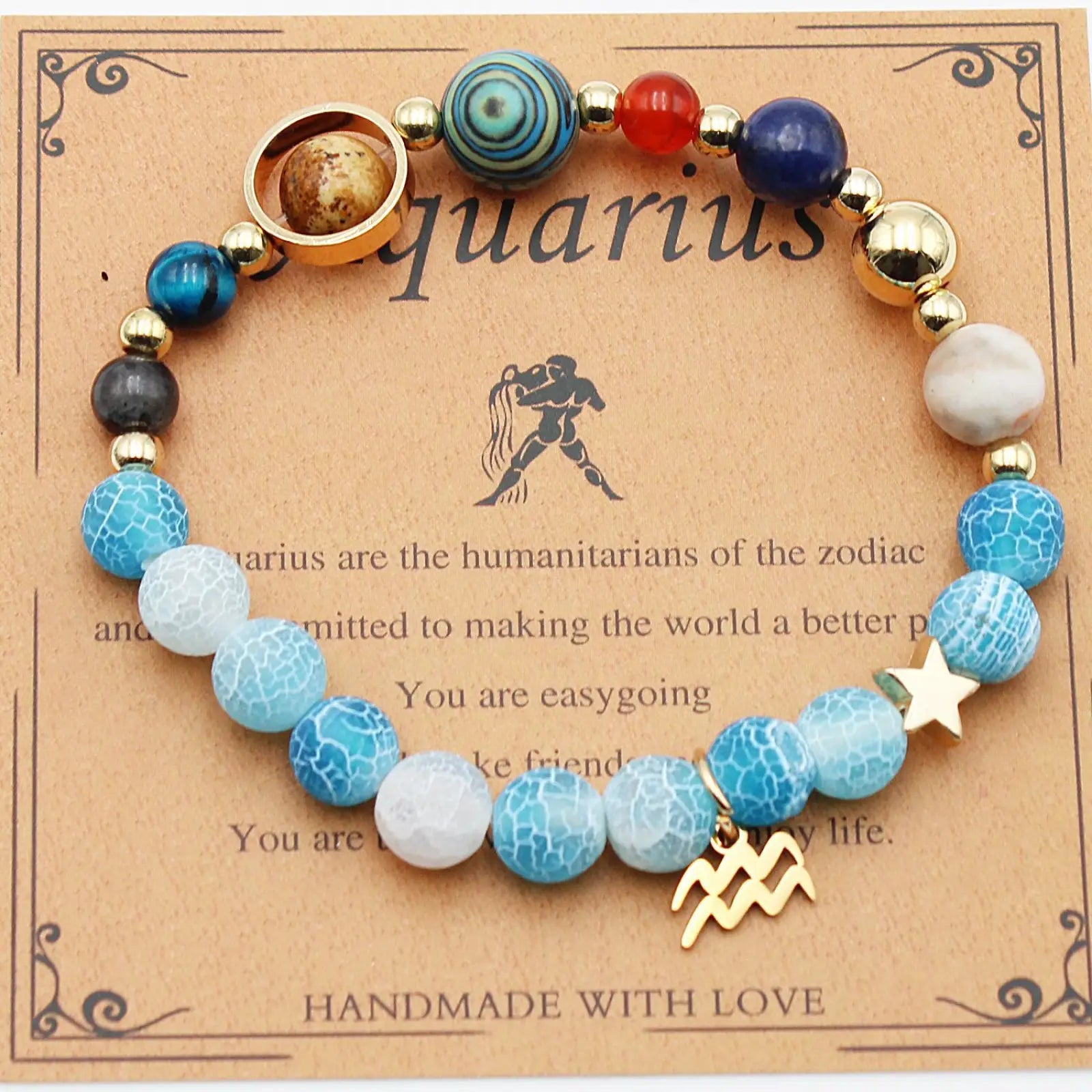Natural stone twelve zodiac constellation beaded bracelet in blue and gold with aquarius charm and multicolor beads