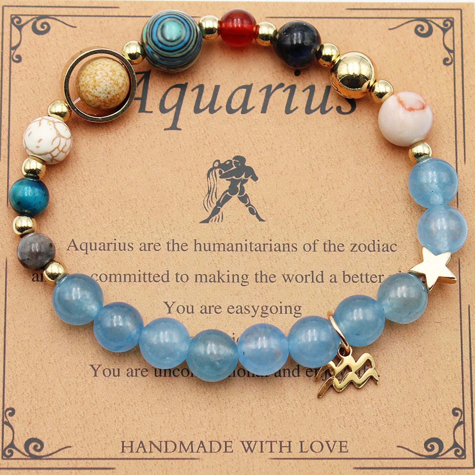 Handmade aquarius zodiac bracelet with translucent blue beads and gold-toned star charm from natural stone twelve zodiac set