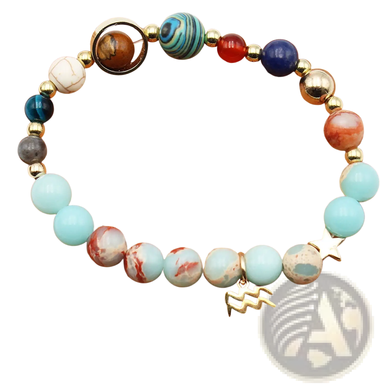 Natural stone twelve zodiac constellation beaded bracelet featuring aquarius design with turquoise red blue stones and gold accents