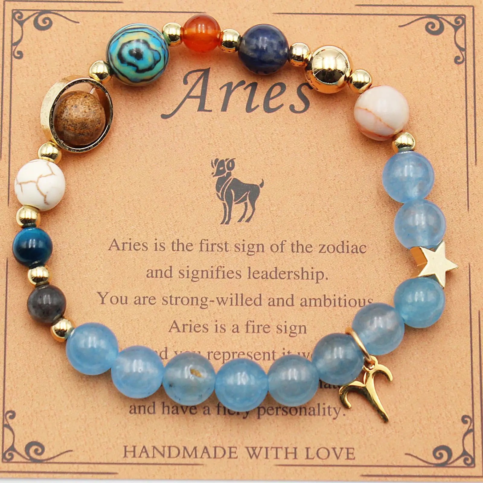 Natural stone twelve zodiac constellation beaded bracelet featuring aries theme with blue white navy orange beads and gold accents