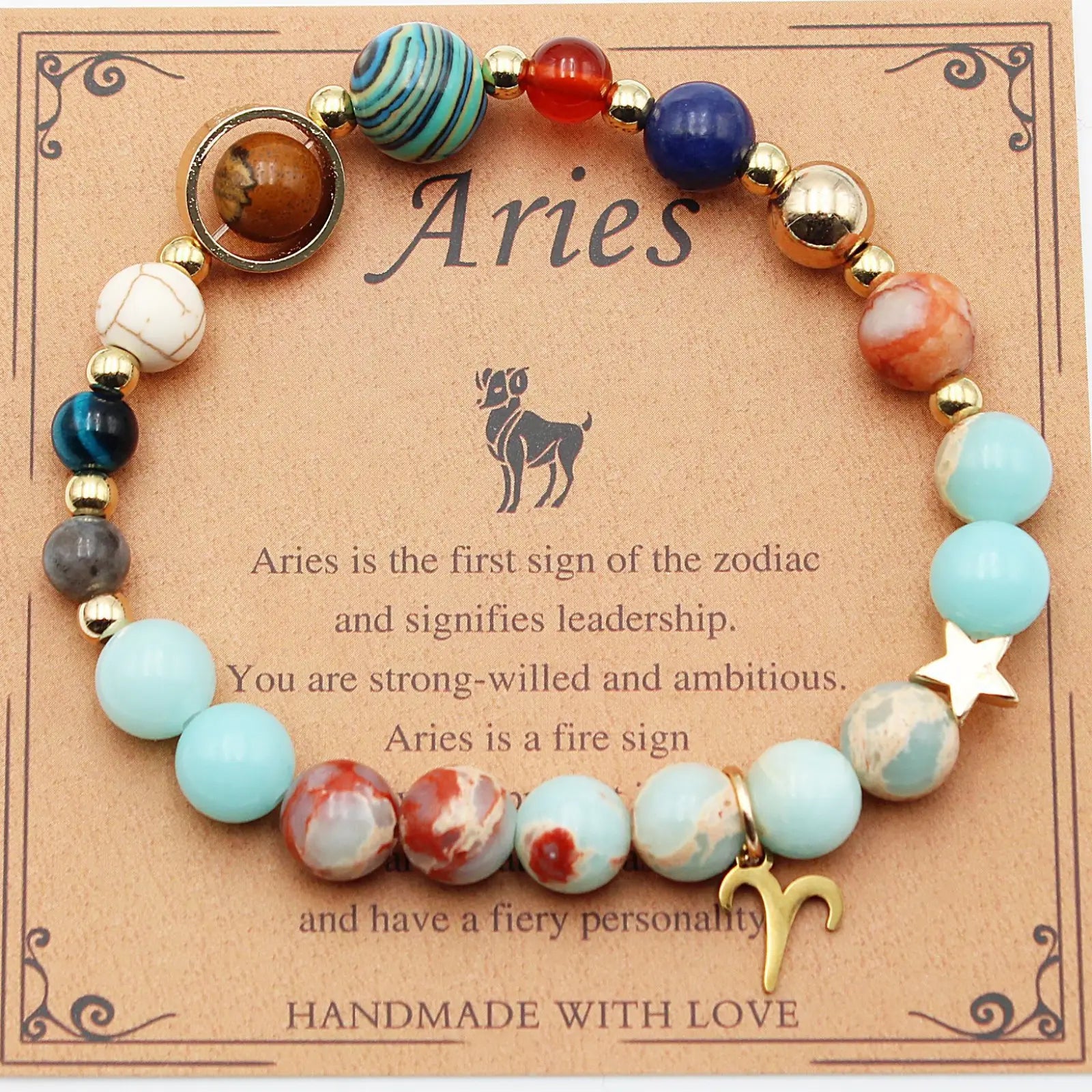 Colorful Aries zodiac bracelet with turquoise red blue white beads and gold-toned accents from natural stone collection