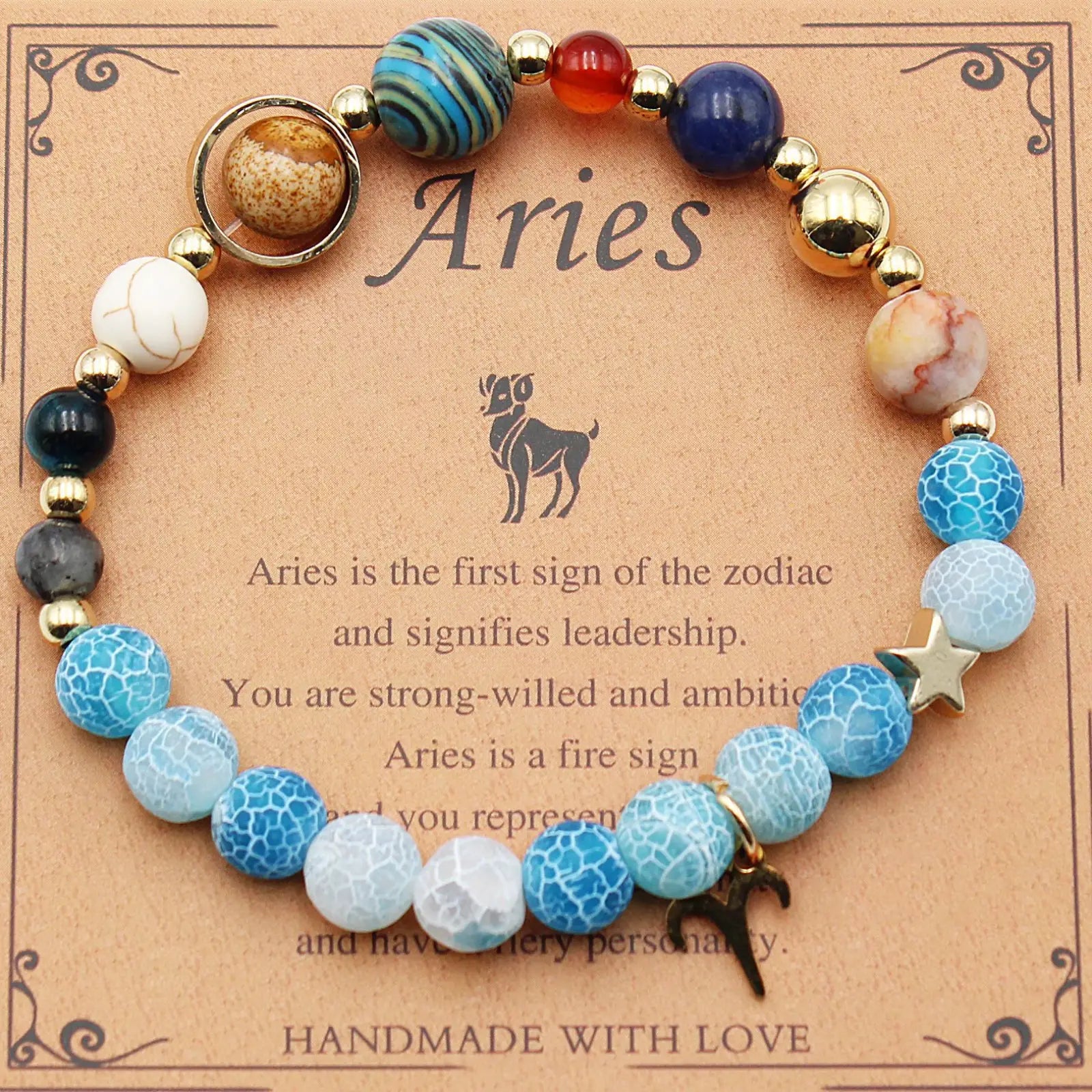 Natural stone aries zodiac bracelet with blue white and gold beads and star charm in twelve zodiac constellation design
