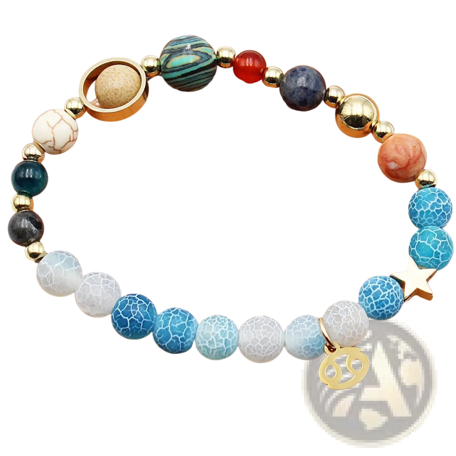 Natural stone twelve zodiac constellation beaded bracelet with blue white red gold beads star charm and cancer symbol pendant