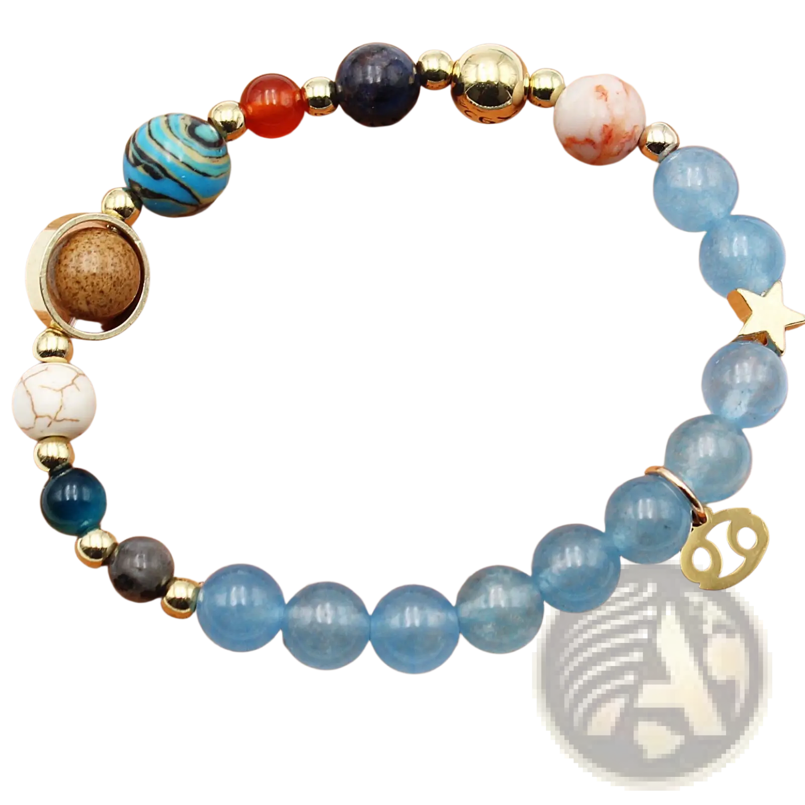 Handmade cancer zodiac bracelet with blue red and gold natural stone beads featuring a star charm and cancer symbol