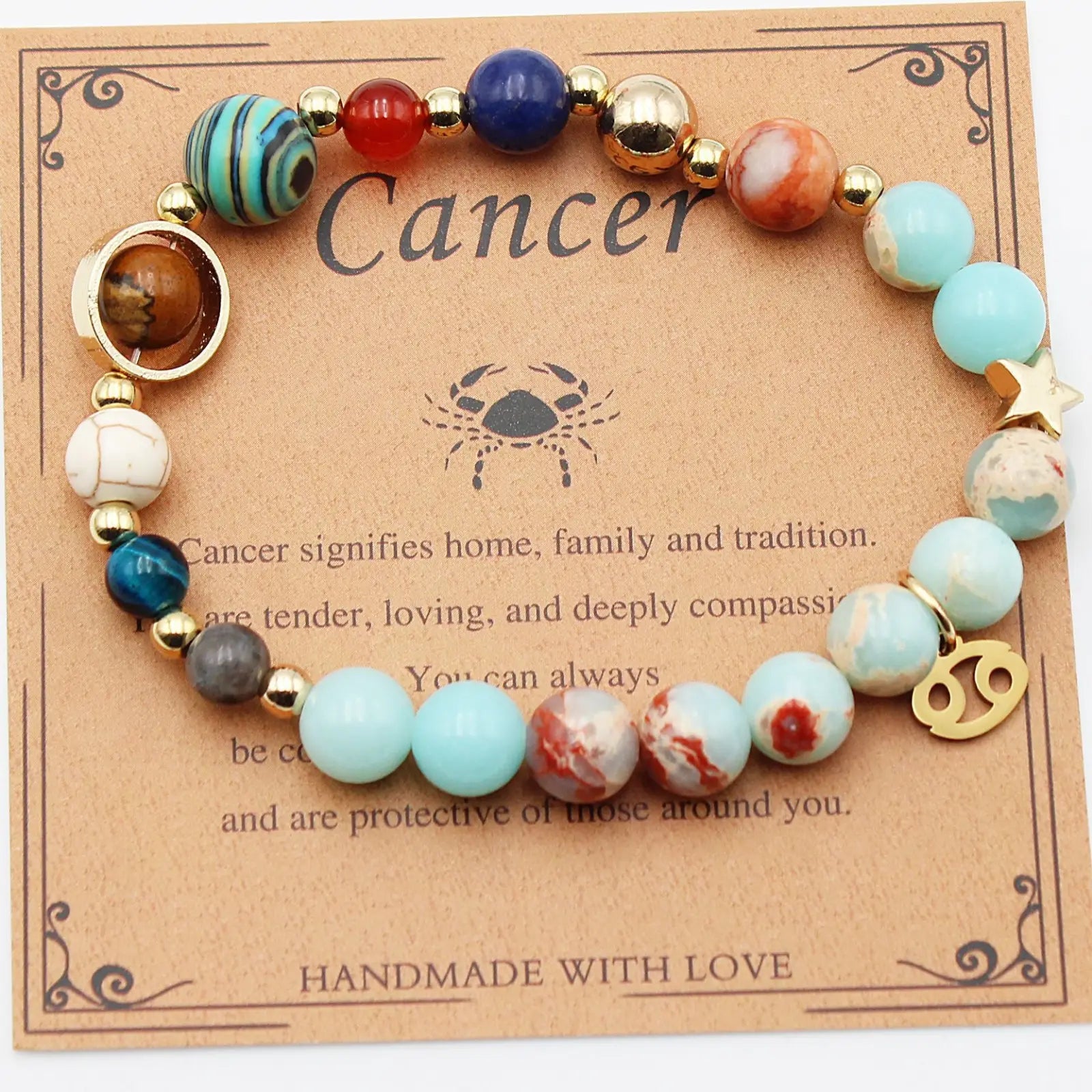 Natural stone twelve zodiac constellation beaded bracelet featuring colorful turquoise blue red and gold beads with star charm