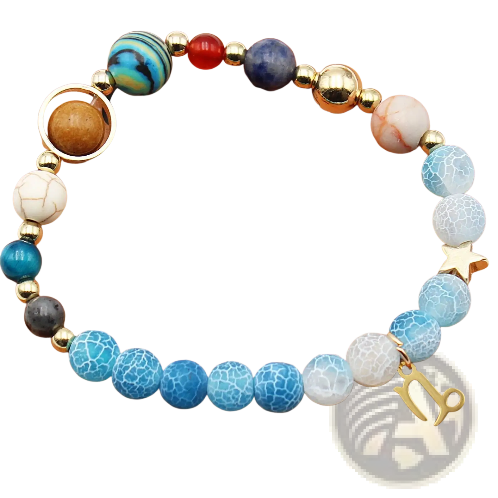 Natural stone twelve zodiac constellation beaded bracelet with blue white red gold crackled beads and metallic star zodiac charms