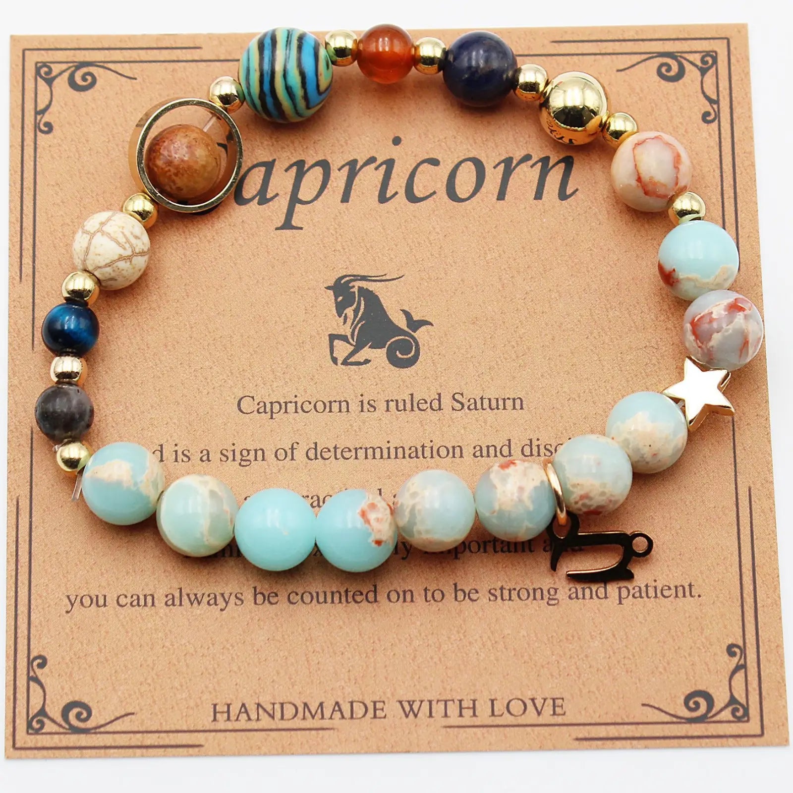 Natural stone twelve zodiac constellation beaded bracelet with turquoise blue and gold beads and capricorn star charm