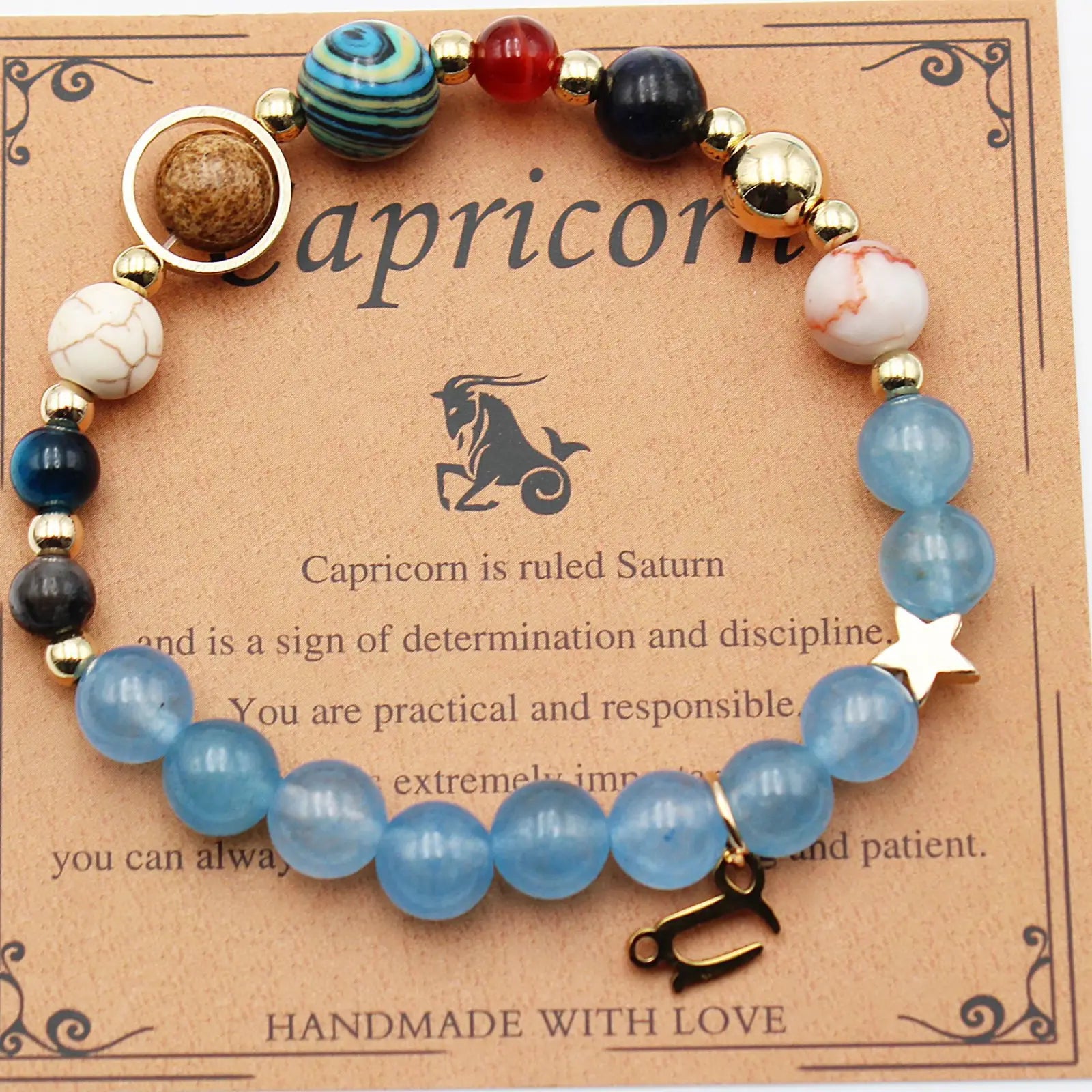 Natural stone twelve zodiac constellation beaded bracelet with colorful blue red black white beads and gold accents Capricorn design