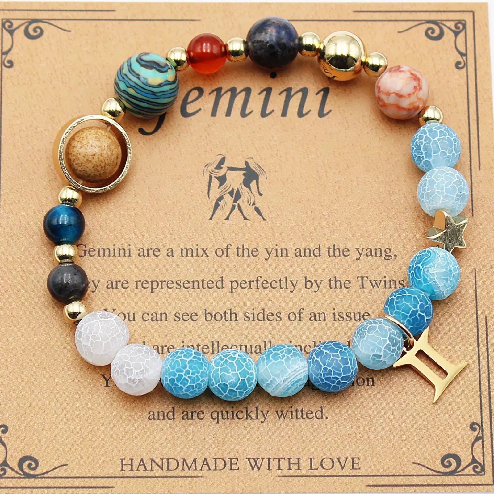 Natural stone twelve zodiac constellation beaded bracelet with gemini theme blue white gold crackled beads and metallic charms
