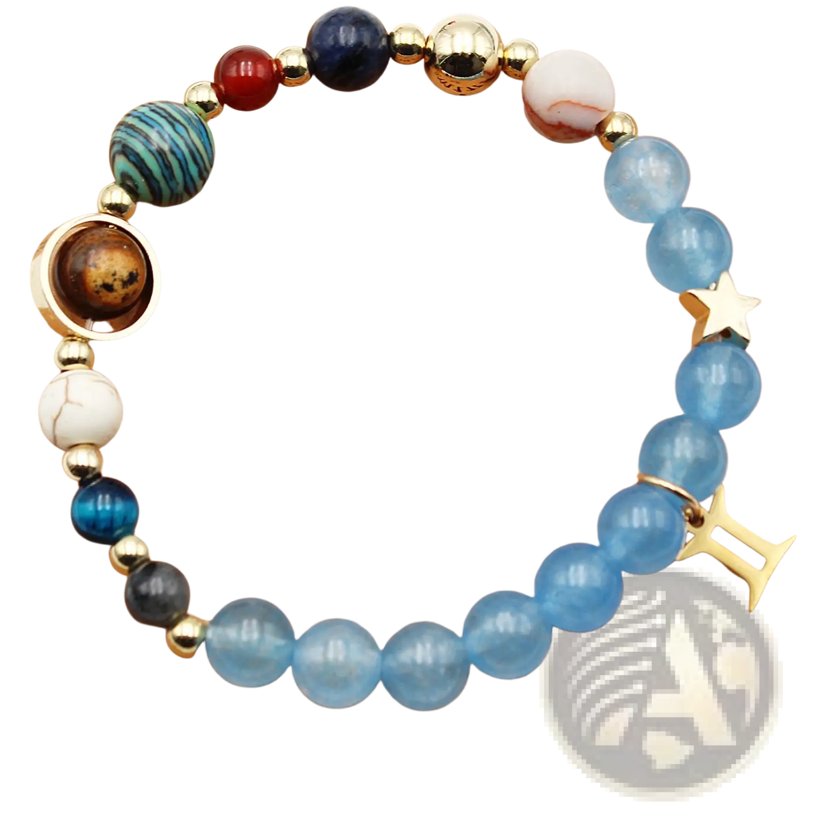 Natural stone twelve zodiac constellation beaded bracelet with gemini theme featuring blue, navy, red stones and gold accents