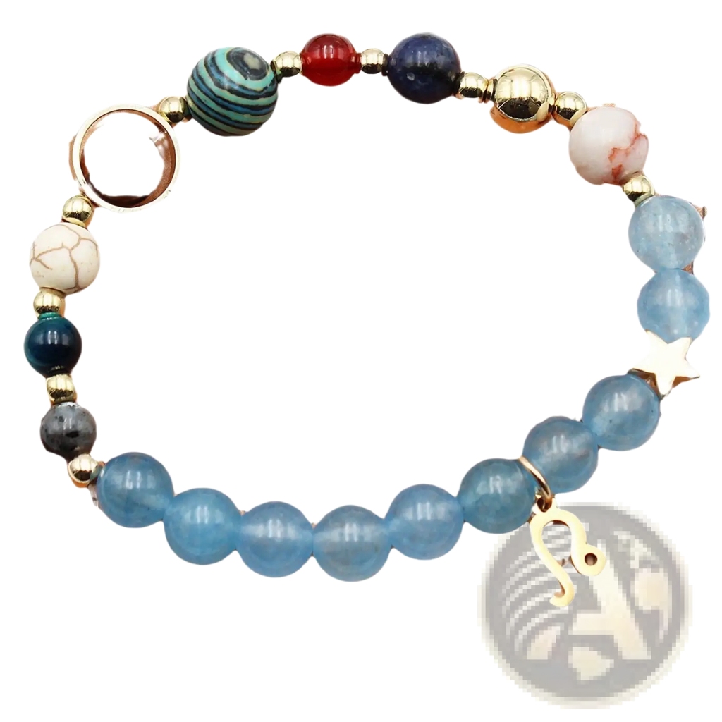Natural stone twelve zodiac constellation beaded bracelet with blue red and white stones and gold-toned metal accents