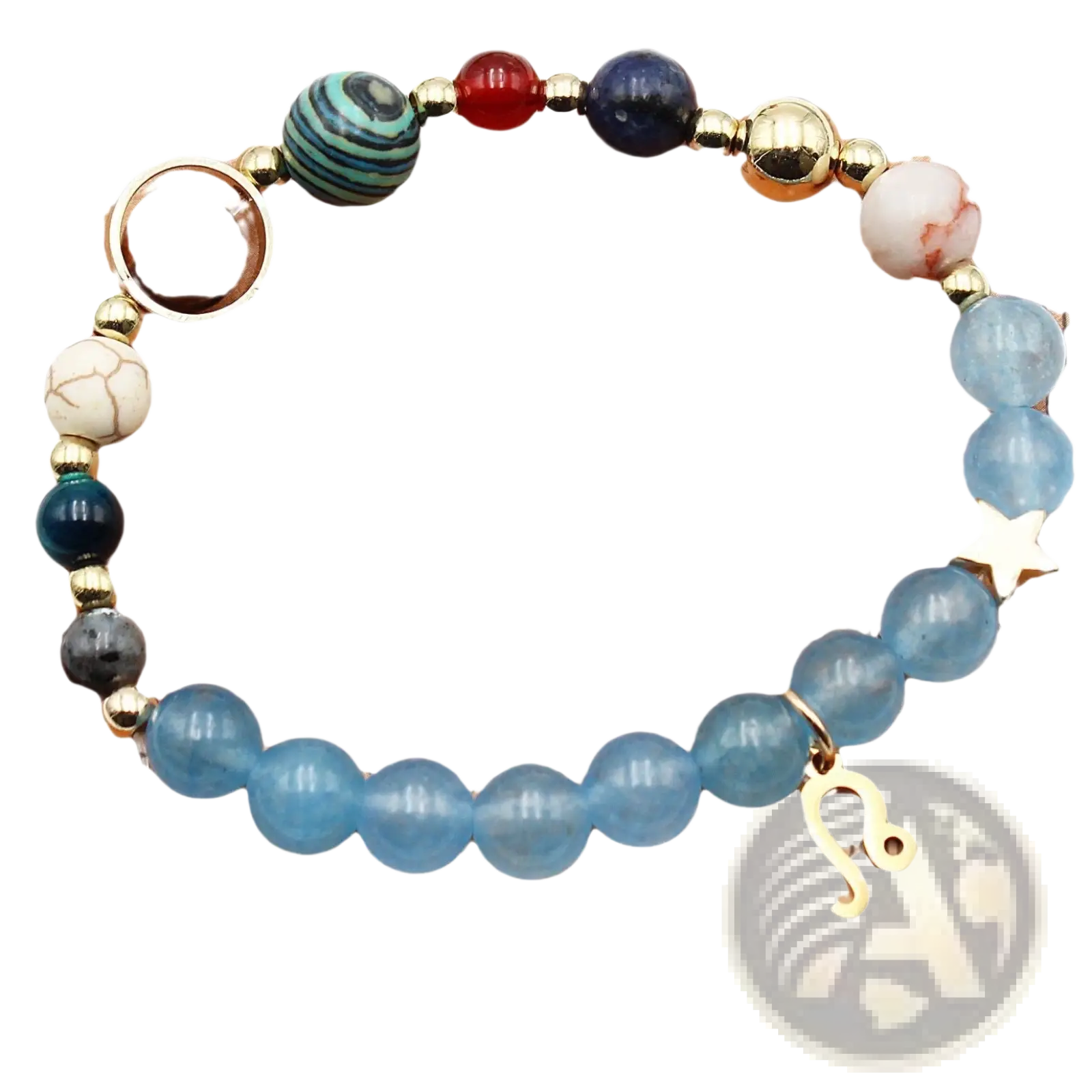 Natural stone twelve zodiac constellation beaded bracelet with blue red and white stones and gold-toned metal accents
