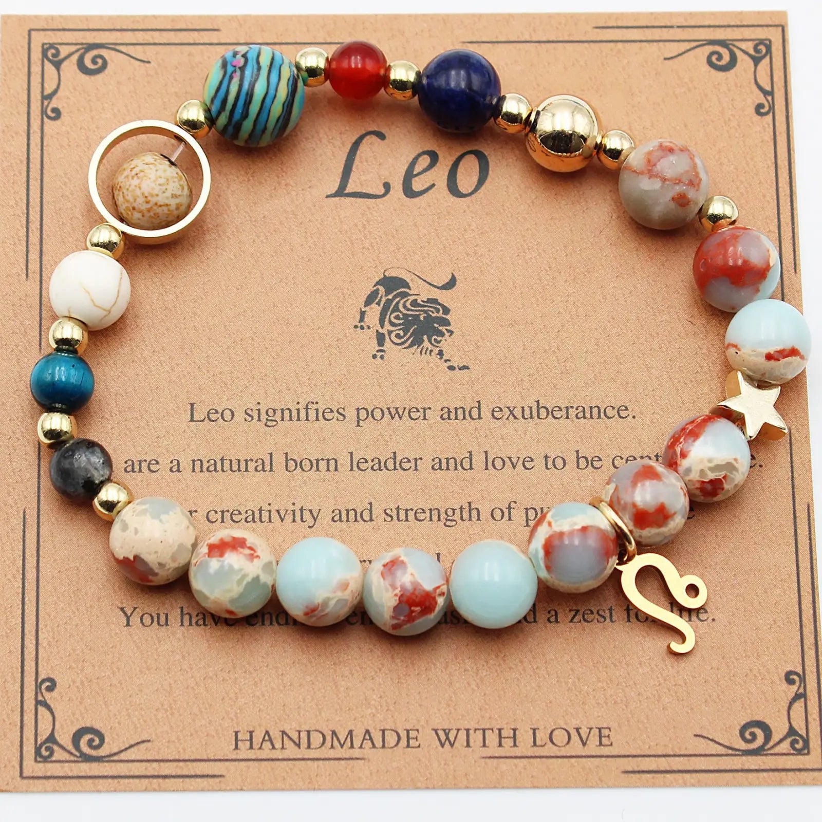 Natural stone twelve zodiac constellation beaded bracelet with turquoise red gold beads and a golden leo zodiac charm