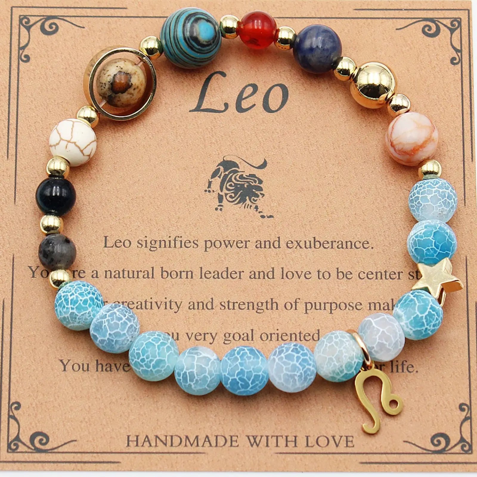 A colorful handmade leo zodiac bracelet with blue red and gold natural stone beads and a golden lion charm