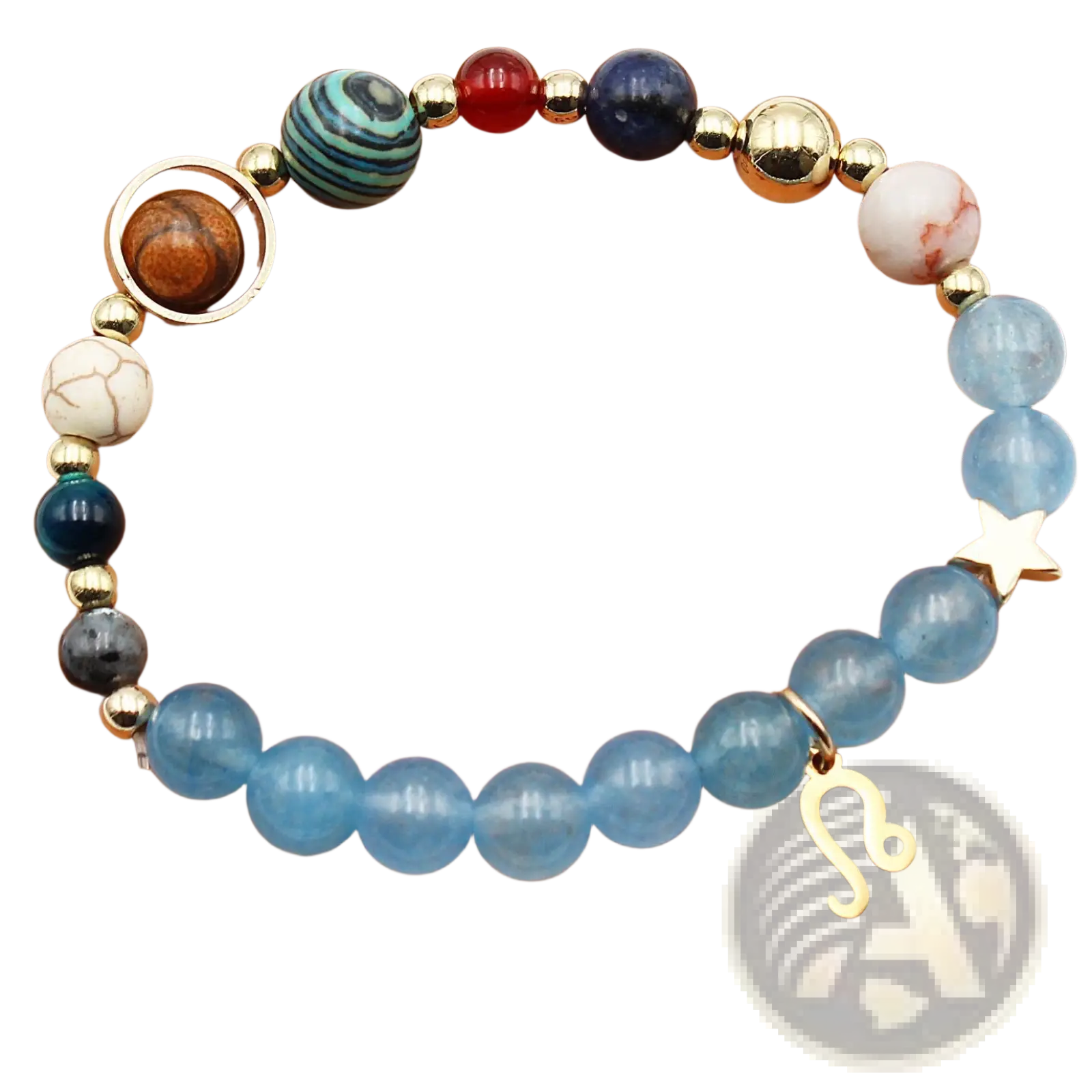 Natural stone twelve zodiac constellation beaded bracelet with blue red gold beads and a golden leo lion charm
