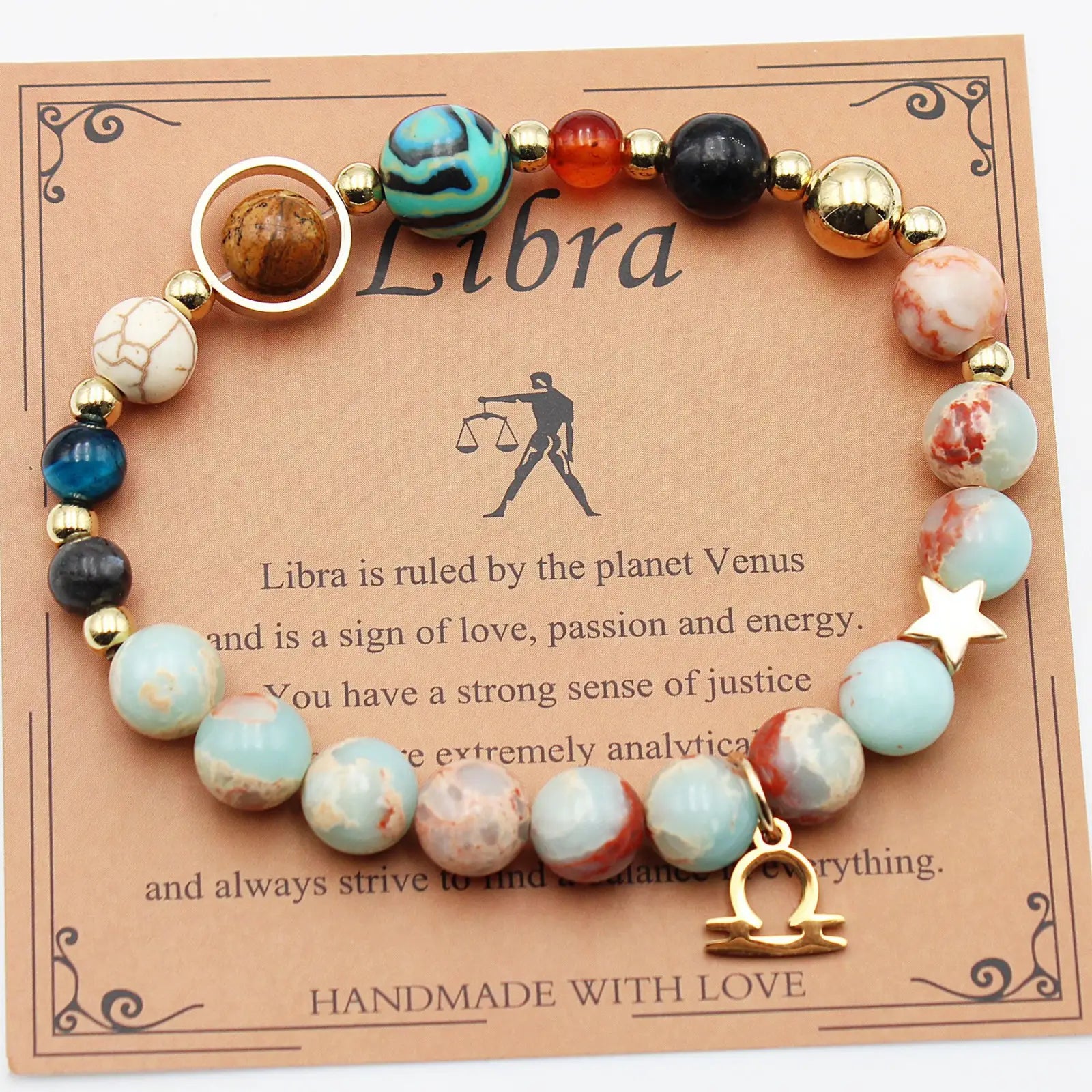 Natural stone twelve zodiac constellation beaded bracelet with colorful turquoise red black white beads and gold accents