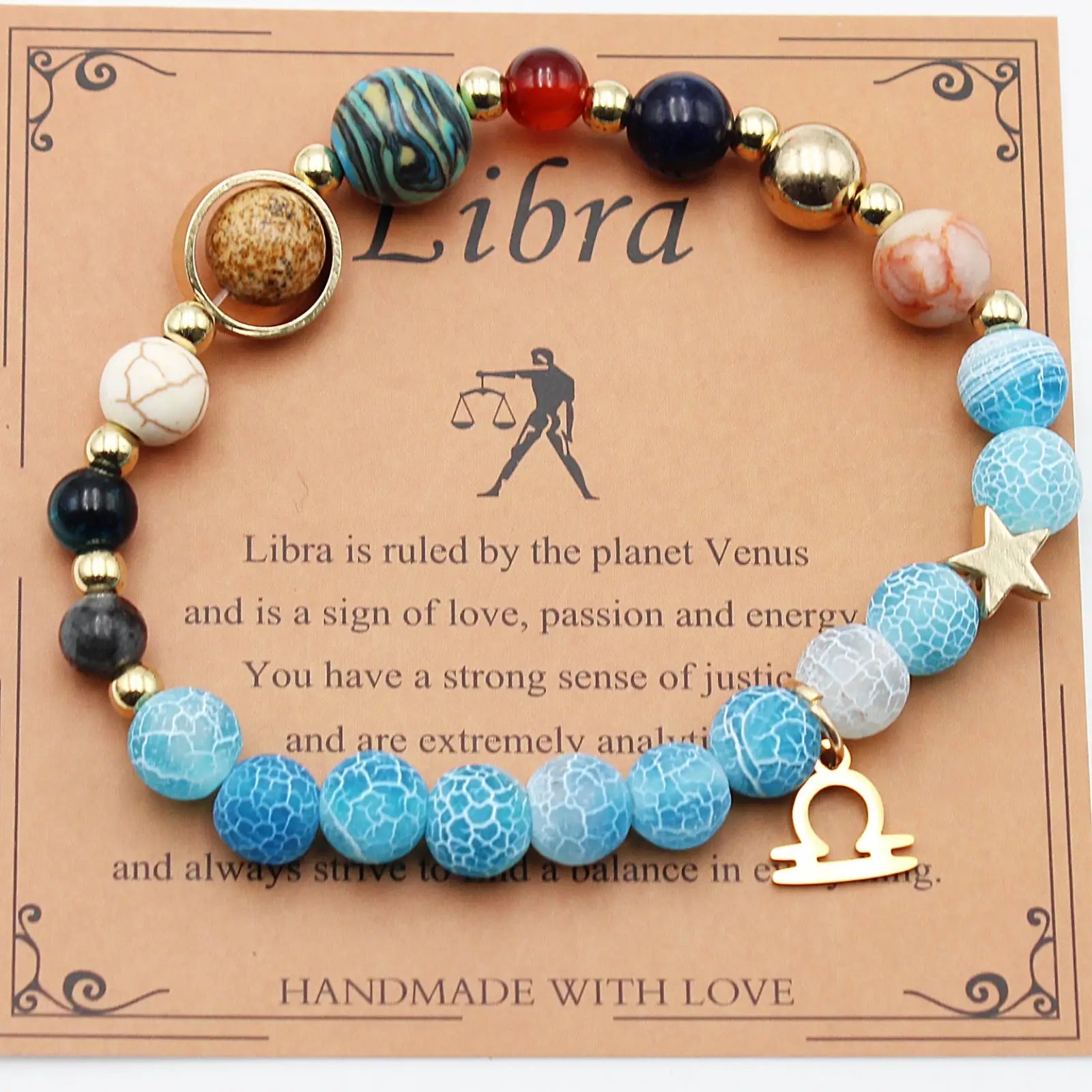 A libra zodiac-themed natural stone beaded bracelet with blue red and gold beads star charm and omega pendant