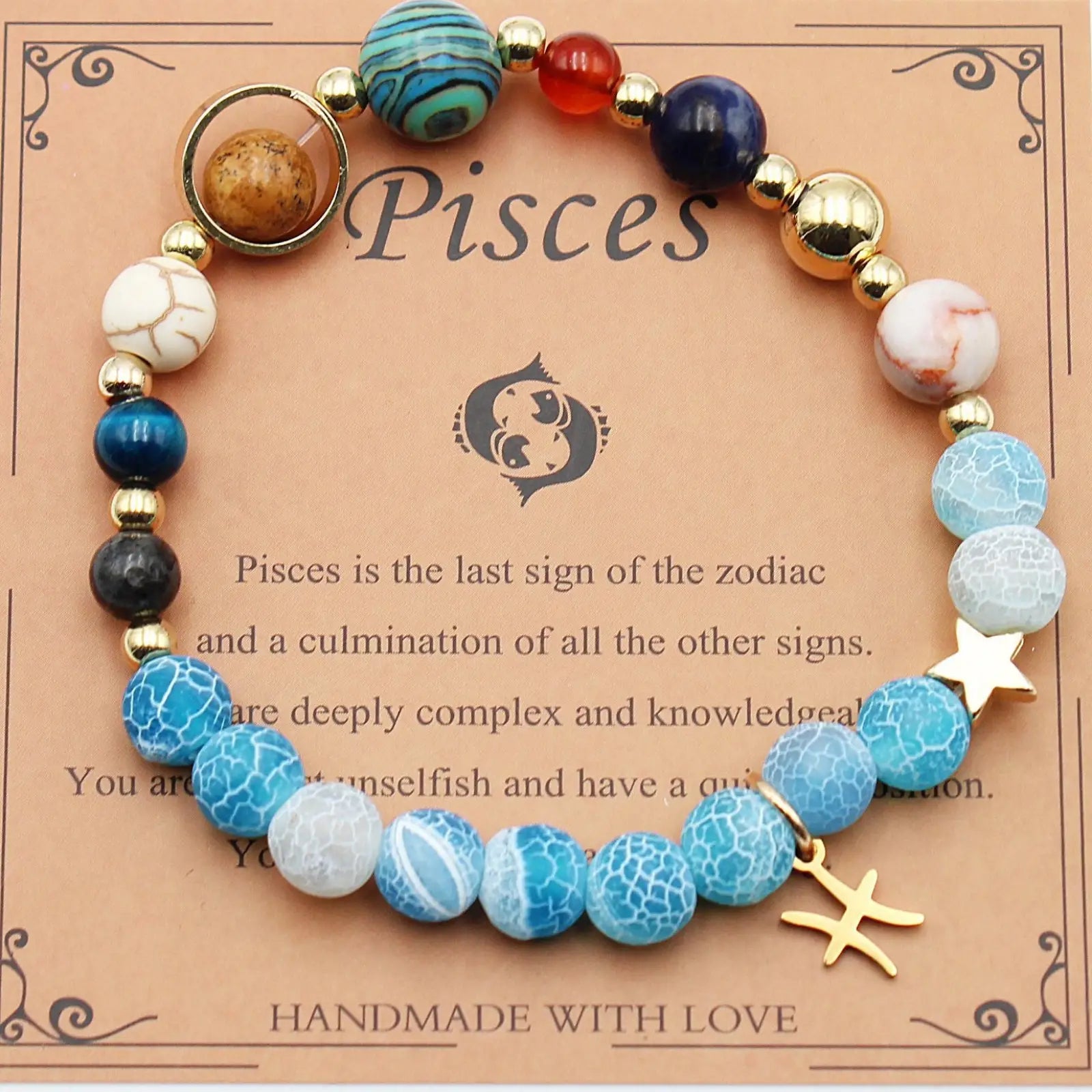 Natural stone twelve zodiac constellation beaded bracelet with blue and white crackled beads and gold star charm