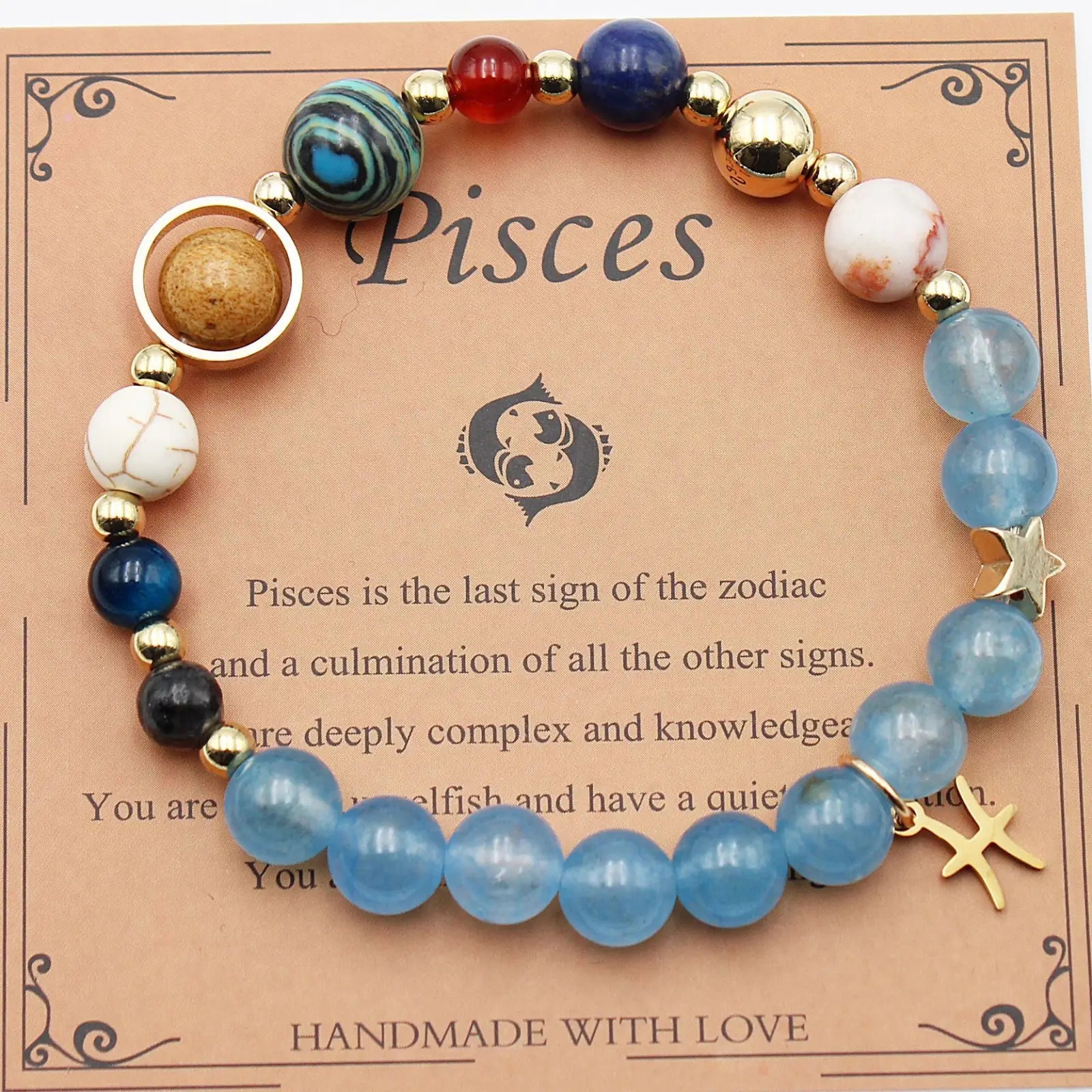 Natural stone twelve zodiac constellation beaded bracelet with blue gemstones gold starfish charms and pisces symbol beads