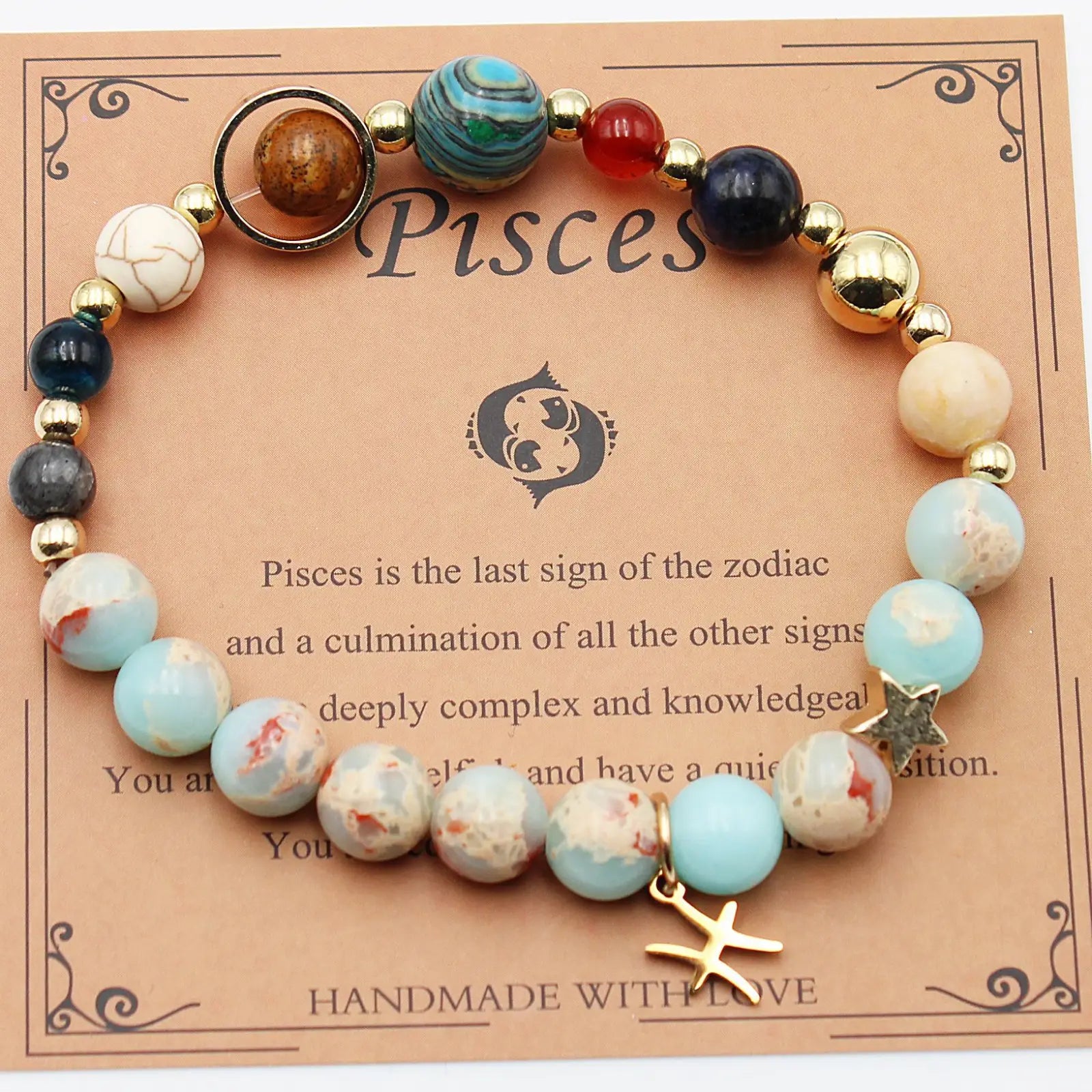 Natural stone twelve zodiac constellation beaded bracelet with turquoise red gold beads and starfish charm
