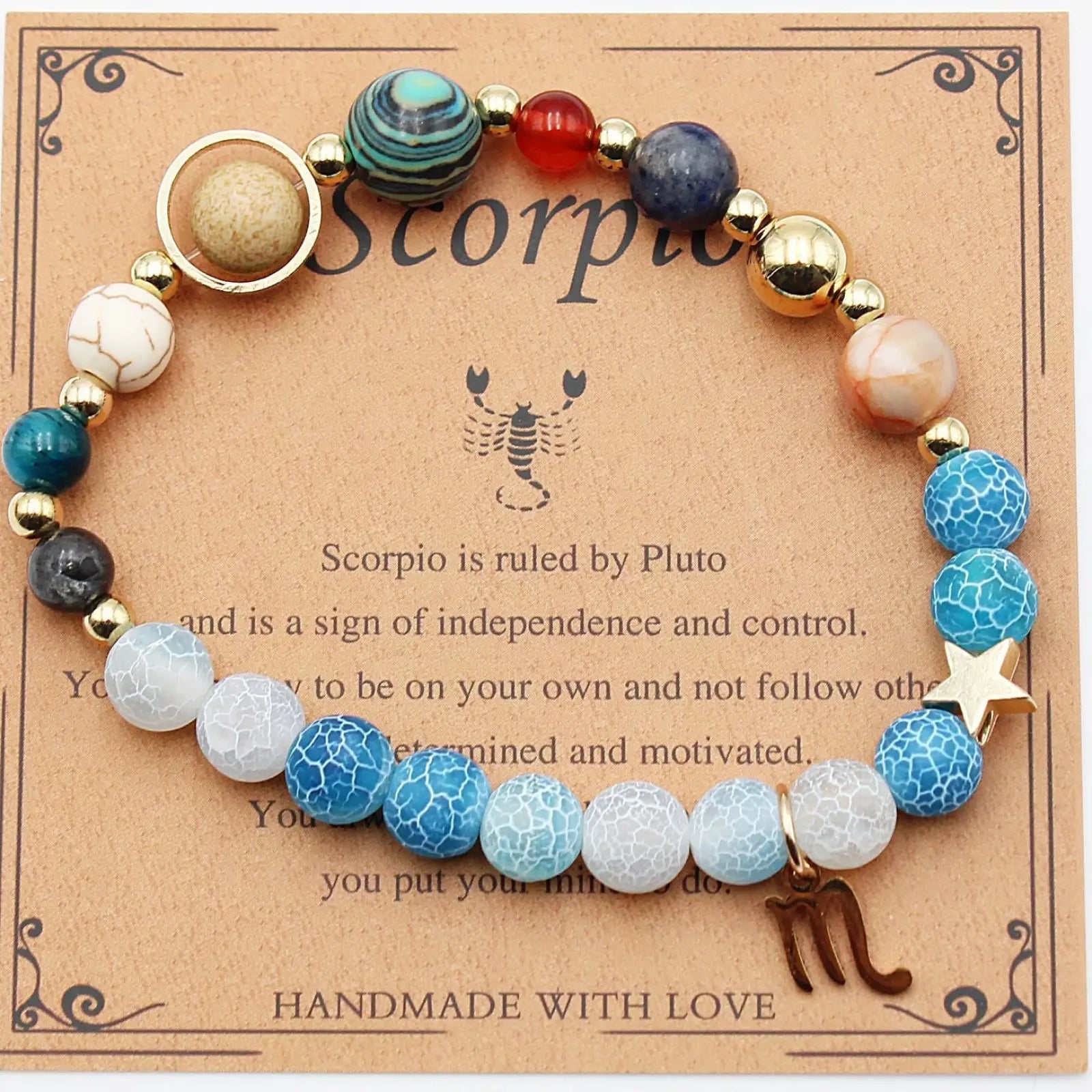 Natural stone twelve zodiac constellation beaded bracelet with turquoise, blue, white, gold beads and scorpio pendant