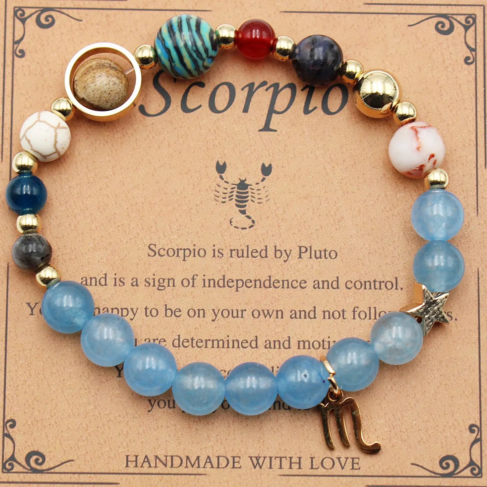 Natural stone twelve zodiac constellation handmade scorpio bracelet with blue red gold beads star charm and astrological pendant