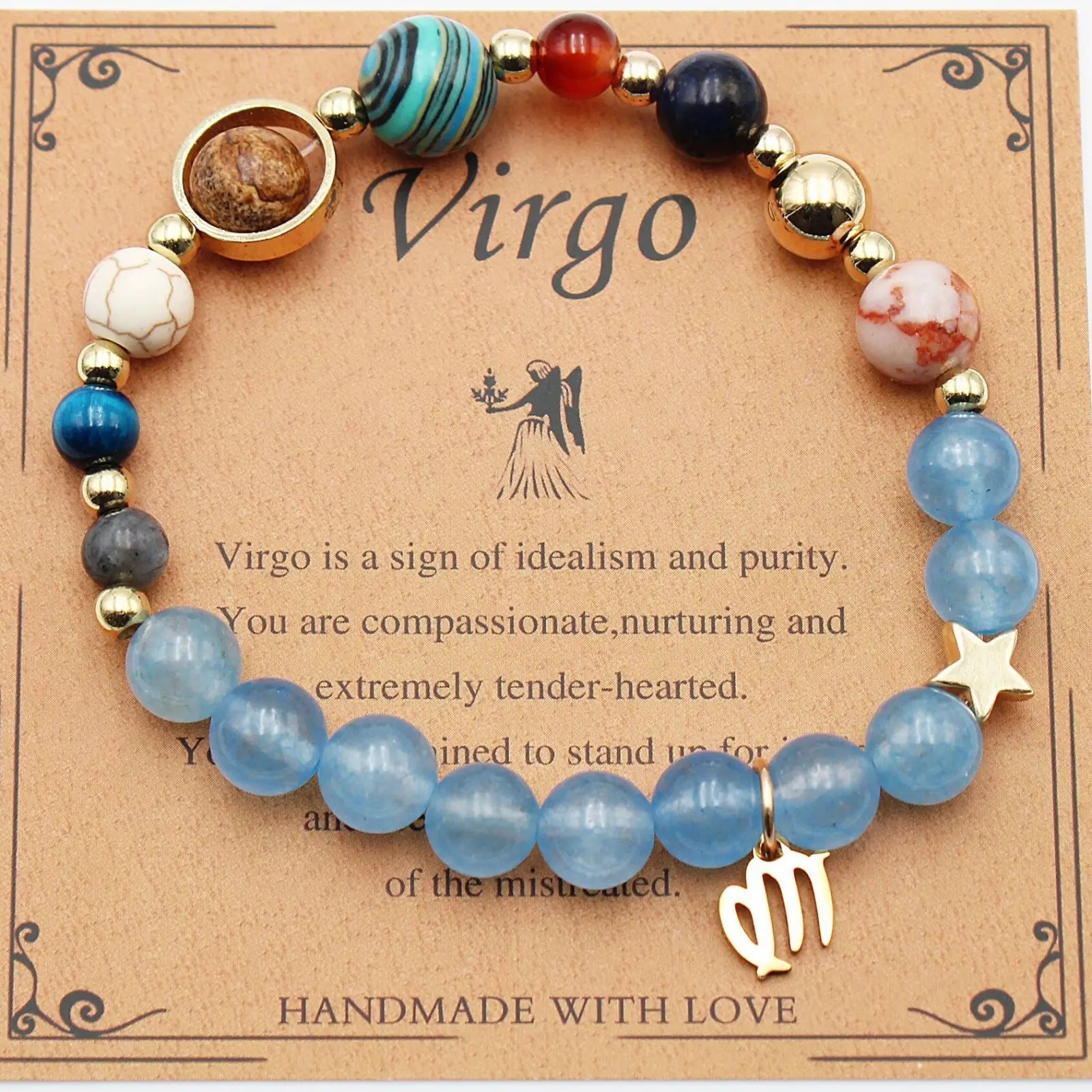Handmade virgo zodiac bracelet with blue red and gold-toned beads star charm and astrological symbol pendant natural stone