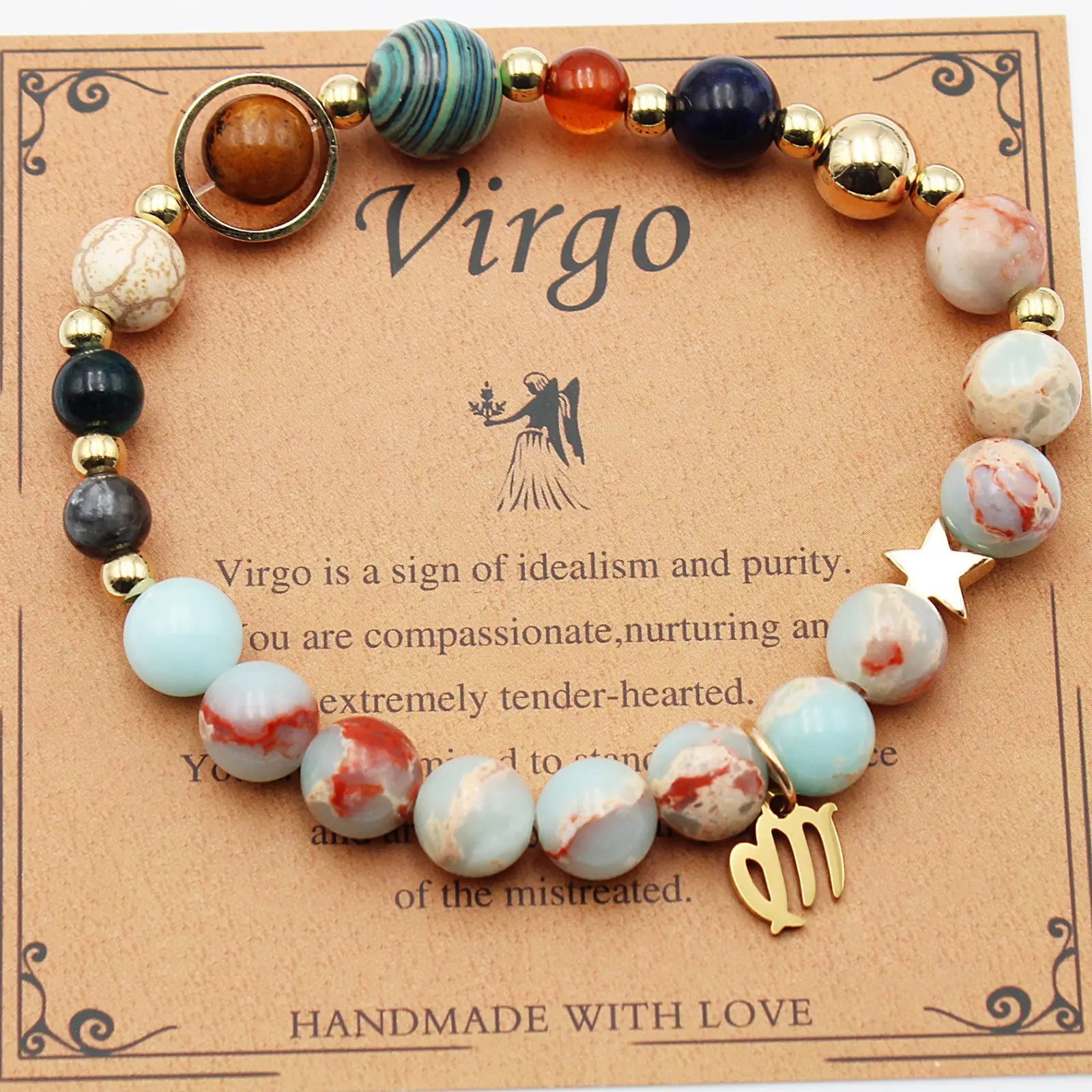 Natural stone twelve zodiac constellation beaded bracelet with turquoise red black stones and gold-toned charms