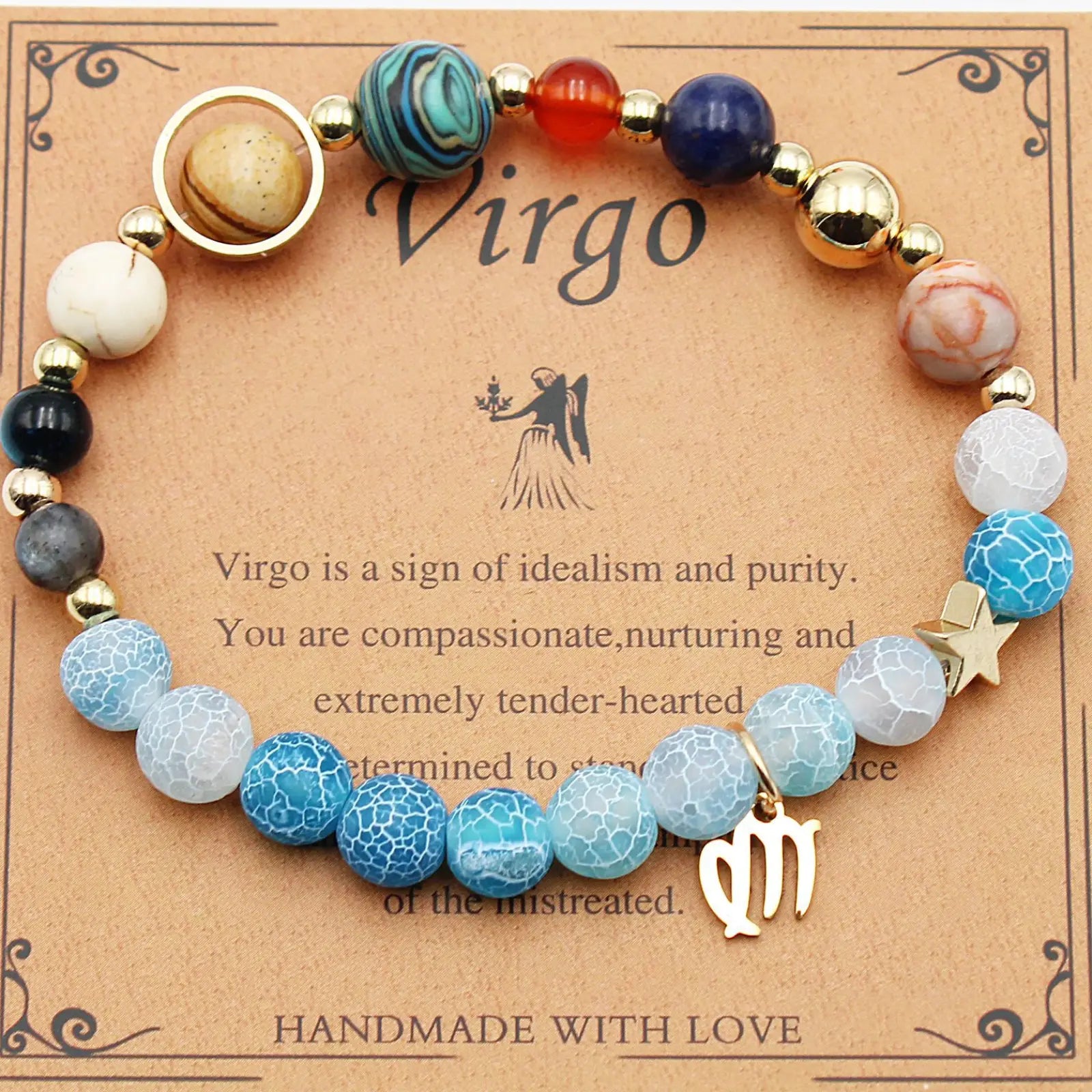 Natural stone twelve zodiac constellation beaded bracelet with blue white red gold beads and Virgo zodiac charm